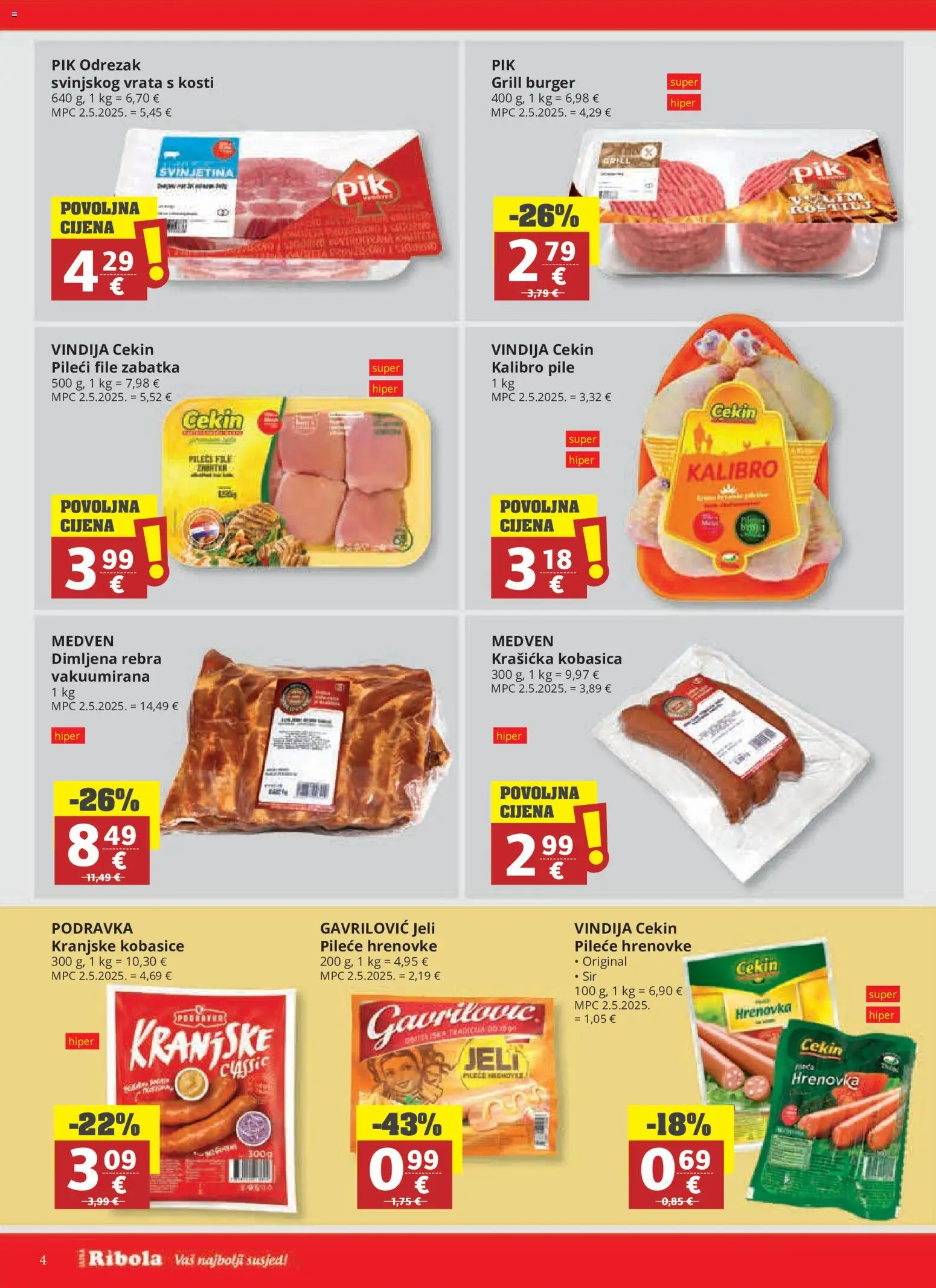 Ribola katalog | vrijedi od 23.09.2026 | Stranica: 4 | Proizvodi: Vindija, Hrenovke, Kobasice, Grill