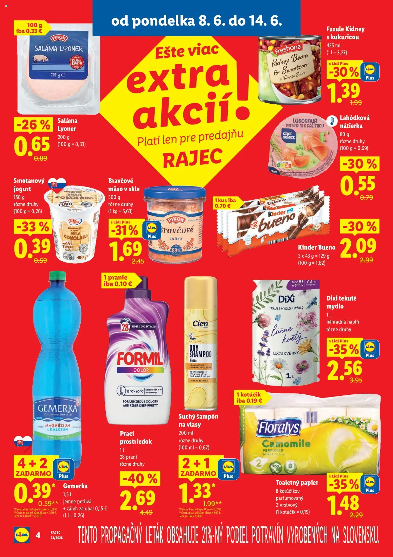Nové Lidl akcie – leták je platný od 08.06.2026 | Strana: 4 | Produkty: Saláma, Šampón, Mydlo, Čokoláda
