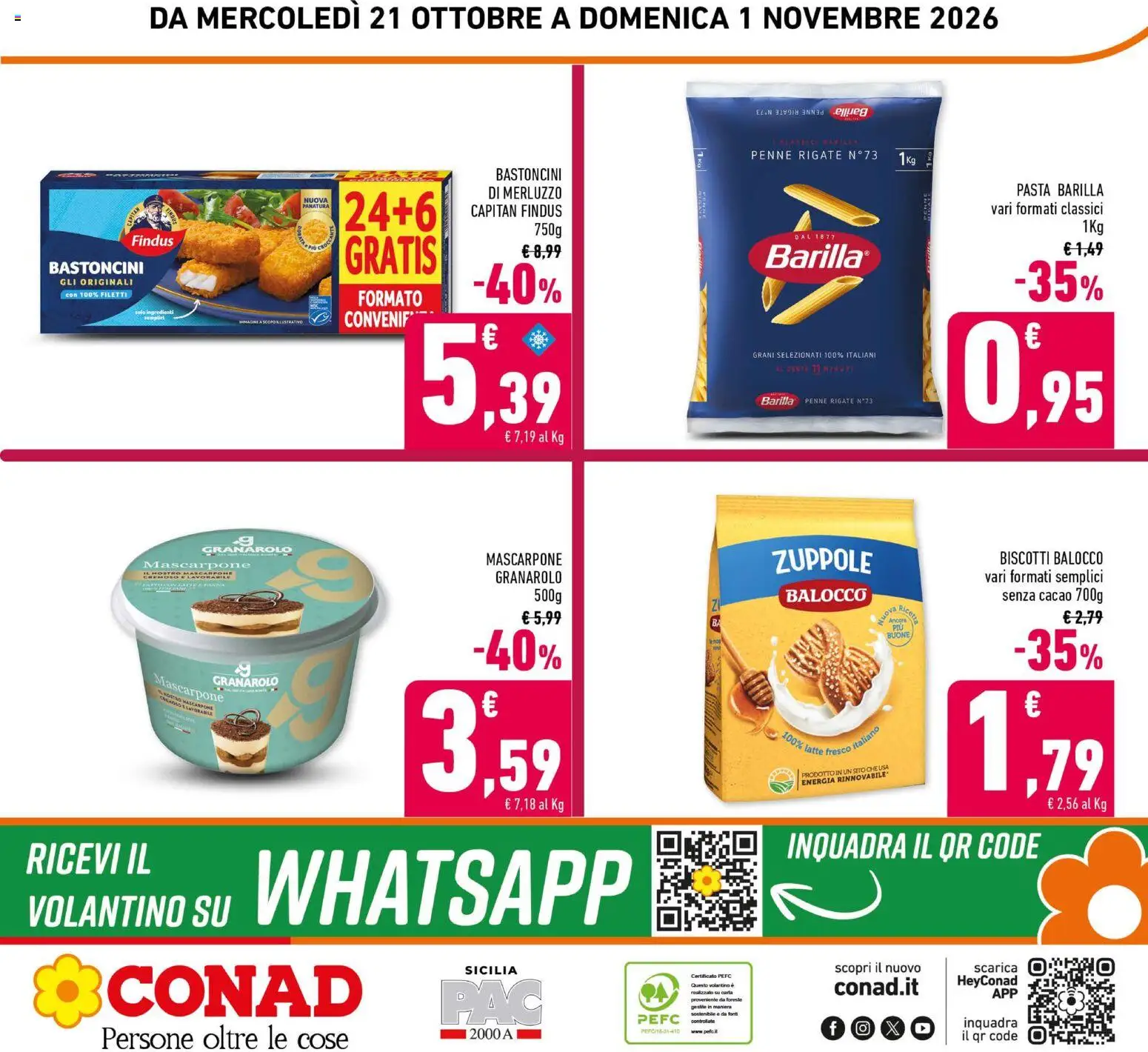 Volantino Conad del 21/10/2026 | Pagina: 24 | Prodotti: Merluzzo, Pasta, Cacao, Mascarpone