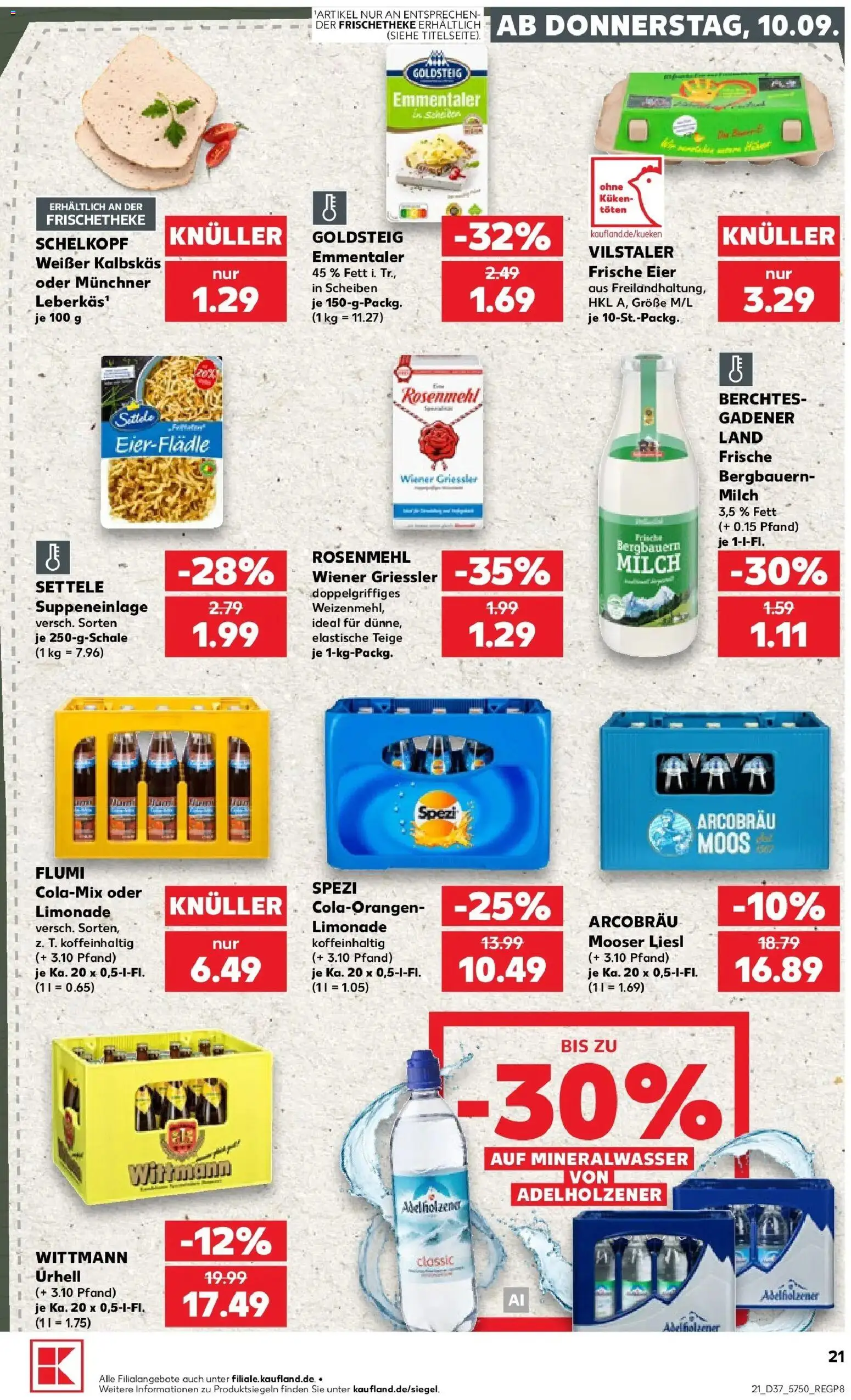 Prospekt Kaufland ab 10.09.2026 » Angebote Online zum Blättern | Seite: 21 | Produkte: Eier, Milch 3,5%, Adelholzener, Mineralwasser
