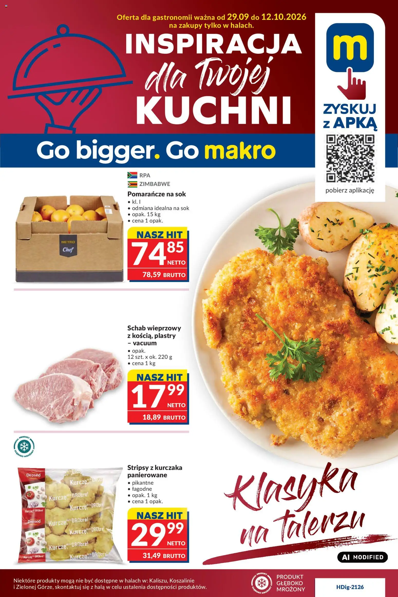 Makro gazetka - Oferta dla Gastronomii od 29.09.2026 | Strona: 1 | Produkty: Schab wieprzowy, Stripsy z kurczaka, Sok, Pomarańcze
