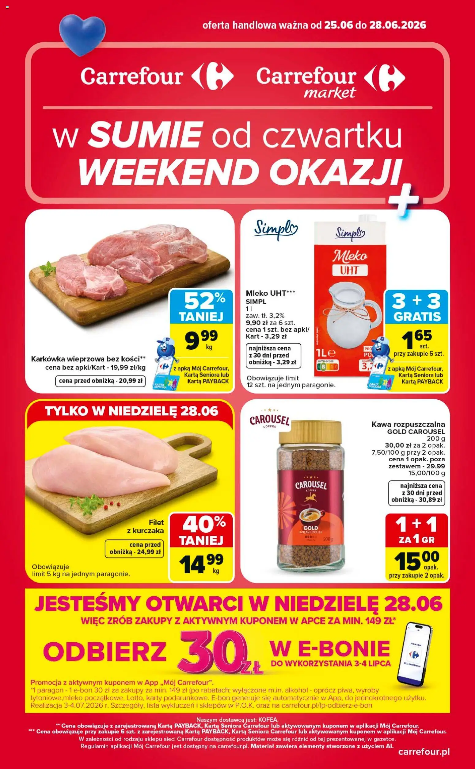 Carrefour gazetka - Weekend okazji od 25.06.2026 | Strona: 1 | Produkty: Karta, Karkówka, Karkówka wieprzowa, Alkohol