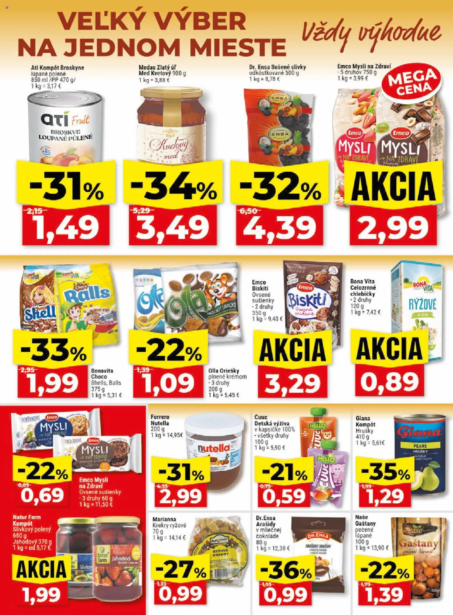 Nové Klas akcie – leták je platný od 17.08.2026 | Strana: 13 | Produkty: Nutella 1 kg, Arašidy, Broskyne, Nutella