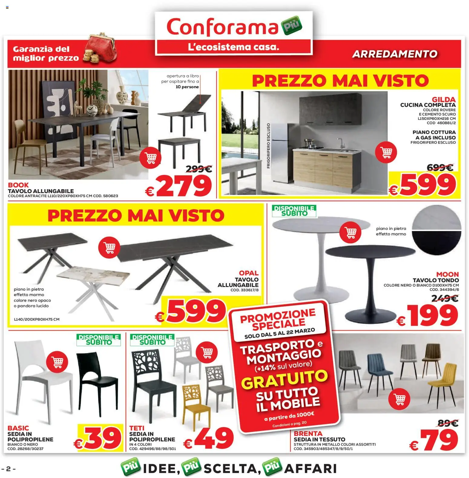 Volantino Conforama del 05.03.2026 | Pagina: 2 | Prodotti: Piano cottura, Frigorifero, Tavolo, Sedia