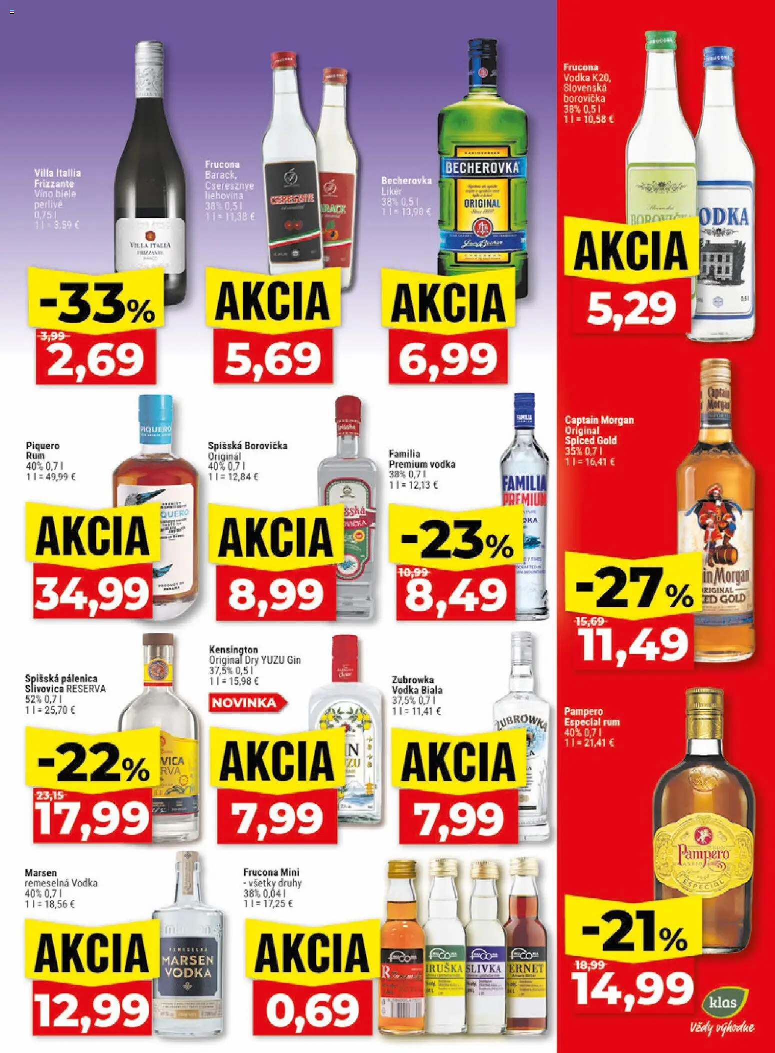 Nové Klas akcie – leták je platný od 13.07.2026 | Strana: 22 | Produkty: Becherovka, Captain Morgan, Slivovica, Vodka