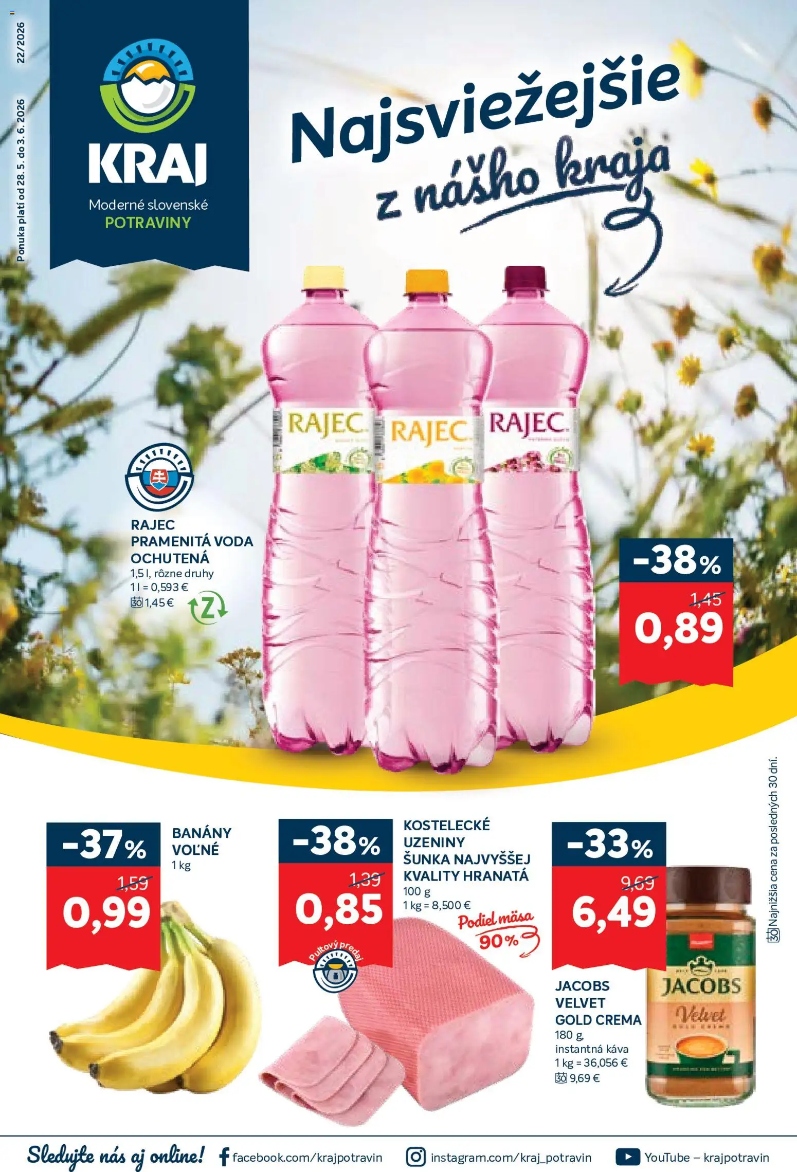 Nové Kraj akcie – leták je platný od 28.05.2026 | Strana: 1 | Produkty: Jacobs Velvet, Káva, Šunka, Rajec