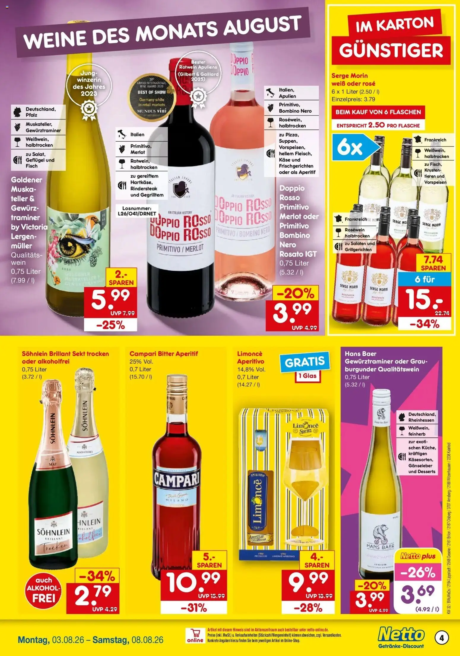 Netto Marken-Discount Prospekt Brilon – gültig ab 03.08.2026 | Seite: 4 | Produkte: Käse, Rotwein, Campari, Merlot
