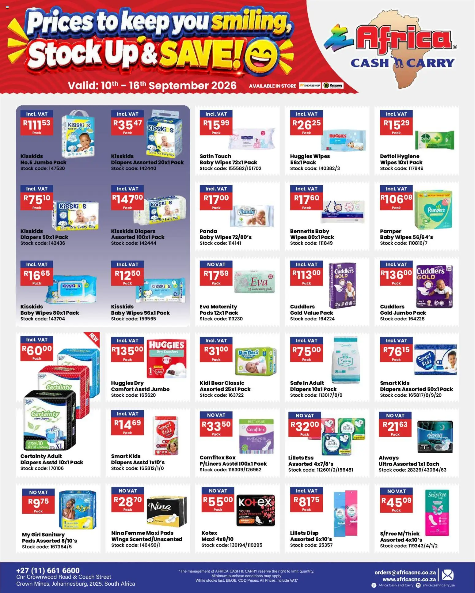 New Africa Cash & Carry catalogue – valid from 10/09/2026 | Page: 13 | Products: Diapers, Box, Pads, Stock