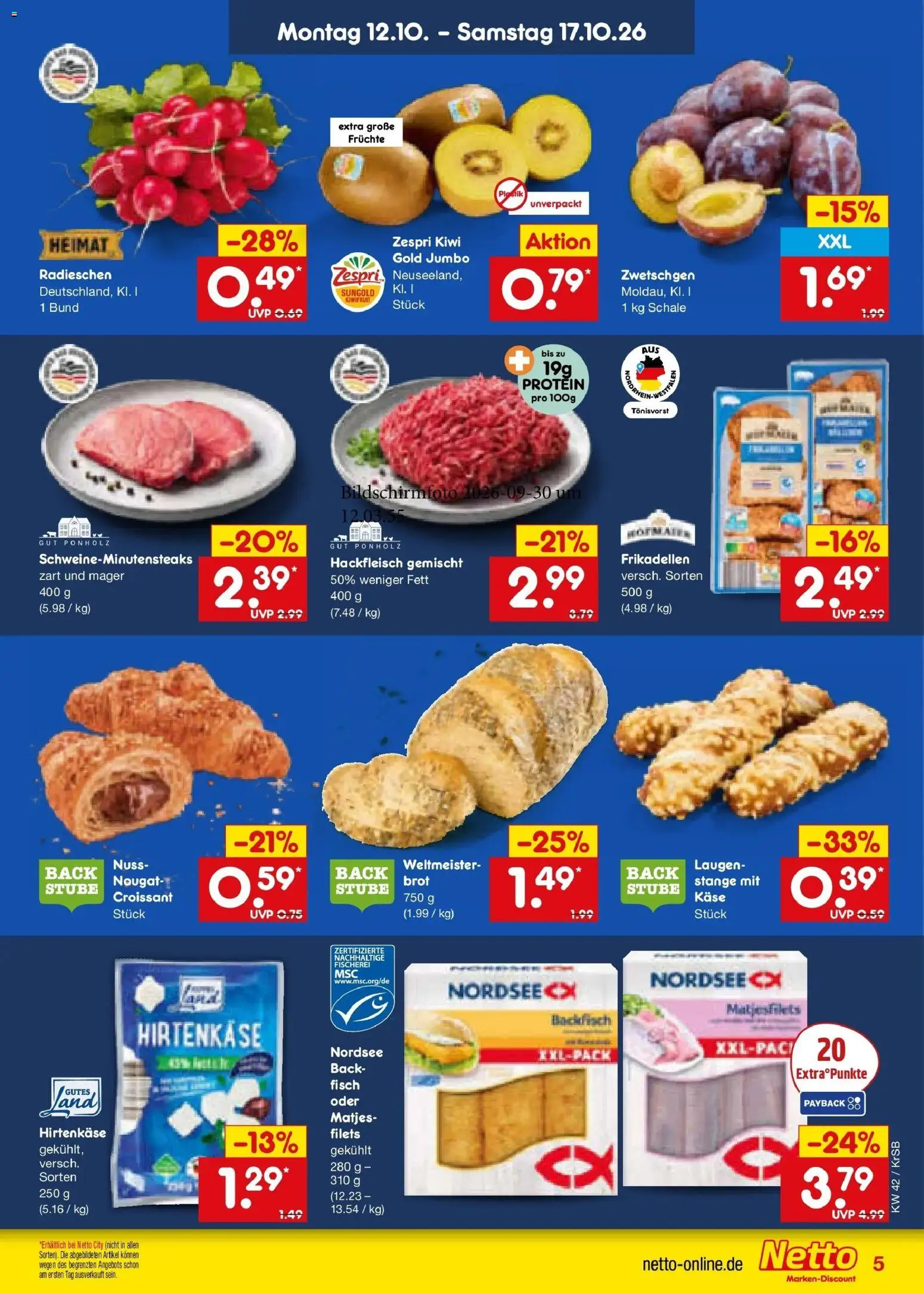 Netto Marken-Discount Prospekt Baesweiler (ab 12.10.2026) » Angebote | Seite: 5 | Produkte: Käse, Zwetschgen, Croissant, Fisch