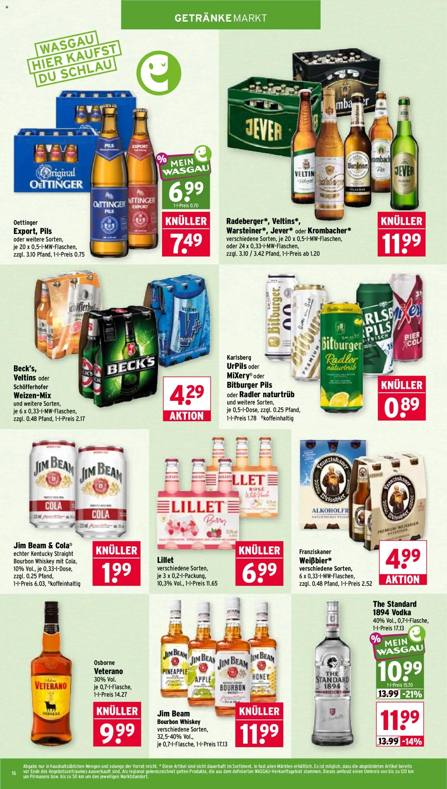 Wasgau Prospekt – gültig ab 12.10.2026 | Seite: 16 | Produkte: Bitburger, Cola, Pils, Lillet