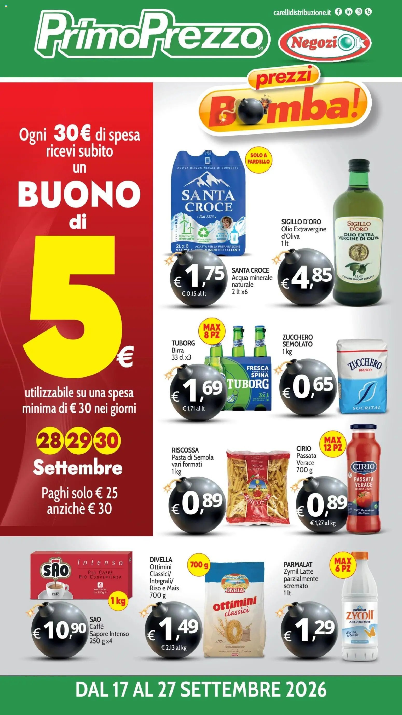 Volantino Primo Prezzo del 17/09/2026 | Pagina: 1 | Prodotti: Caffè, Acqua, Olio, Penne