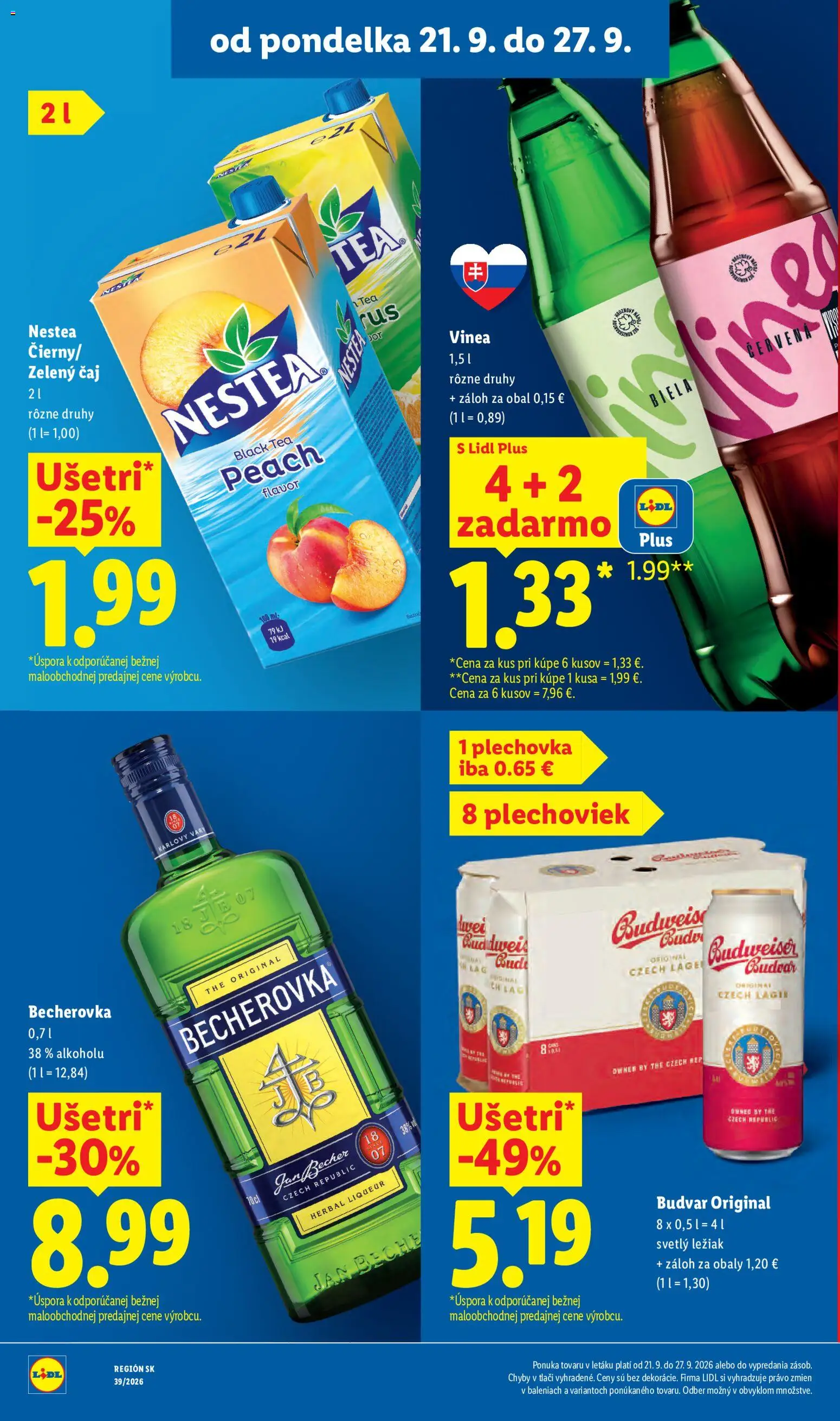 Nové Lidl akcie – leták je platný od 21.09.2026 | Strana: 26 | Produkty: Becherovka, Budvar, Zelený čaj, Vinea