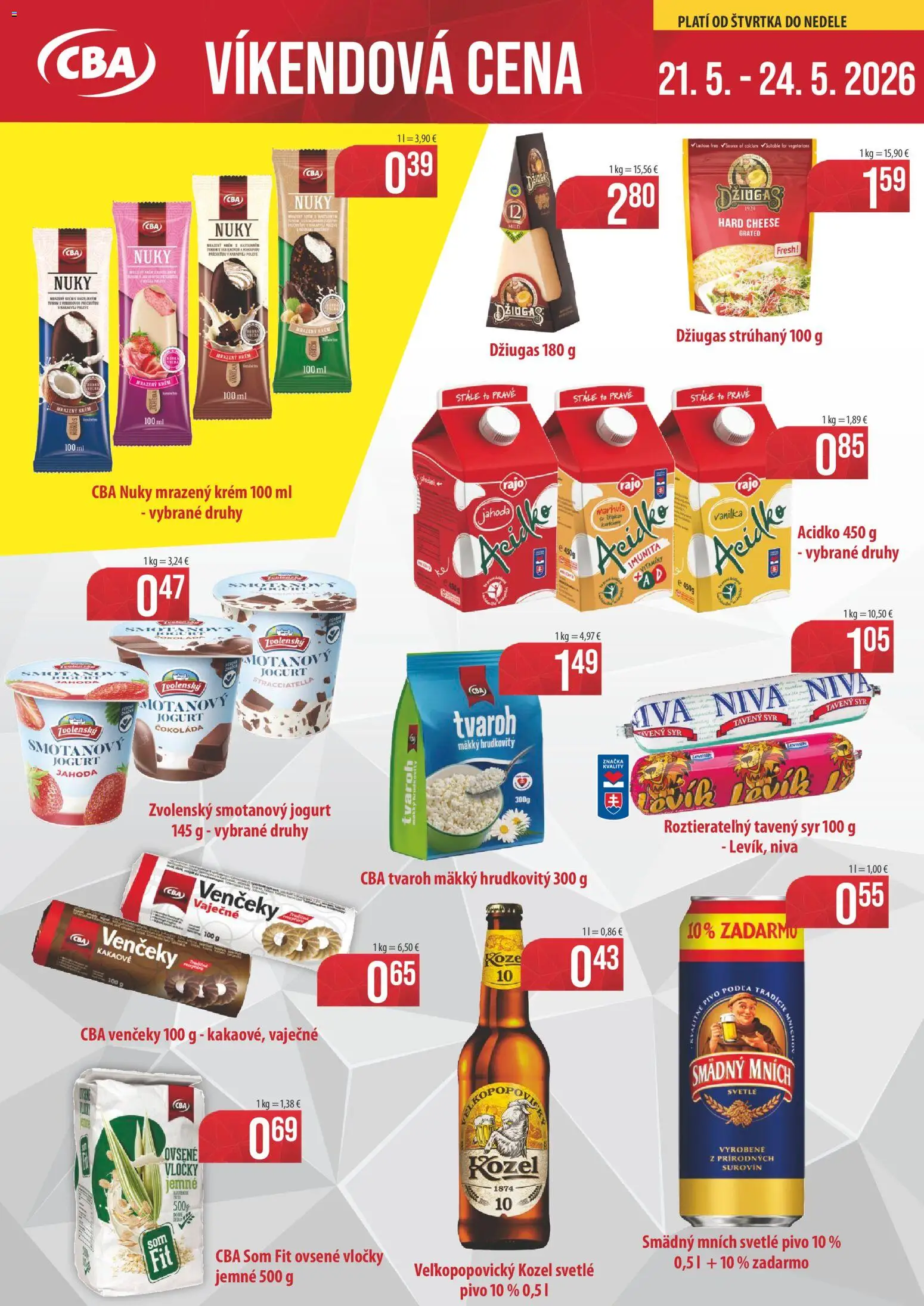 Nové CBA Verex akcie – leták je platný od 21.05.2026 | Strana: 1 | Produkty: Syr, Jogurt, Krém, Acidko