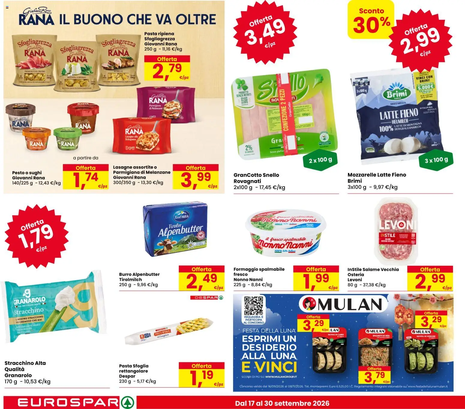 Volantino Eurospar del 17/09/2026 | Pagina: 14 | Prodotti: Salame, Mozzarella, Formaggio, Spaghetti