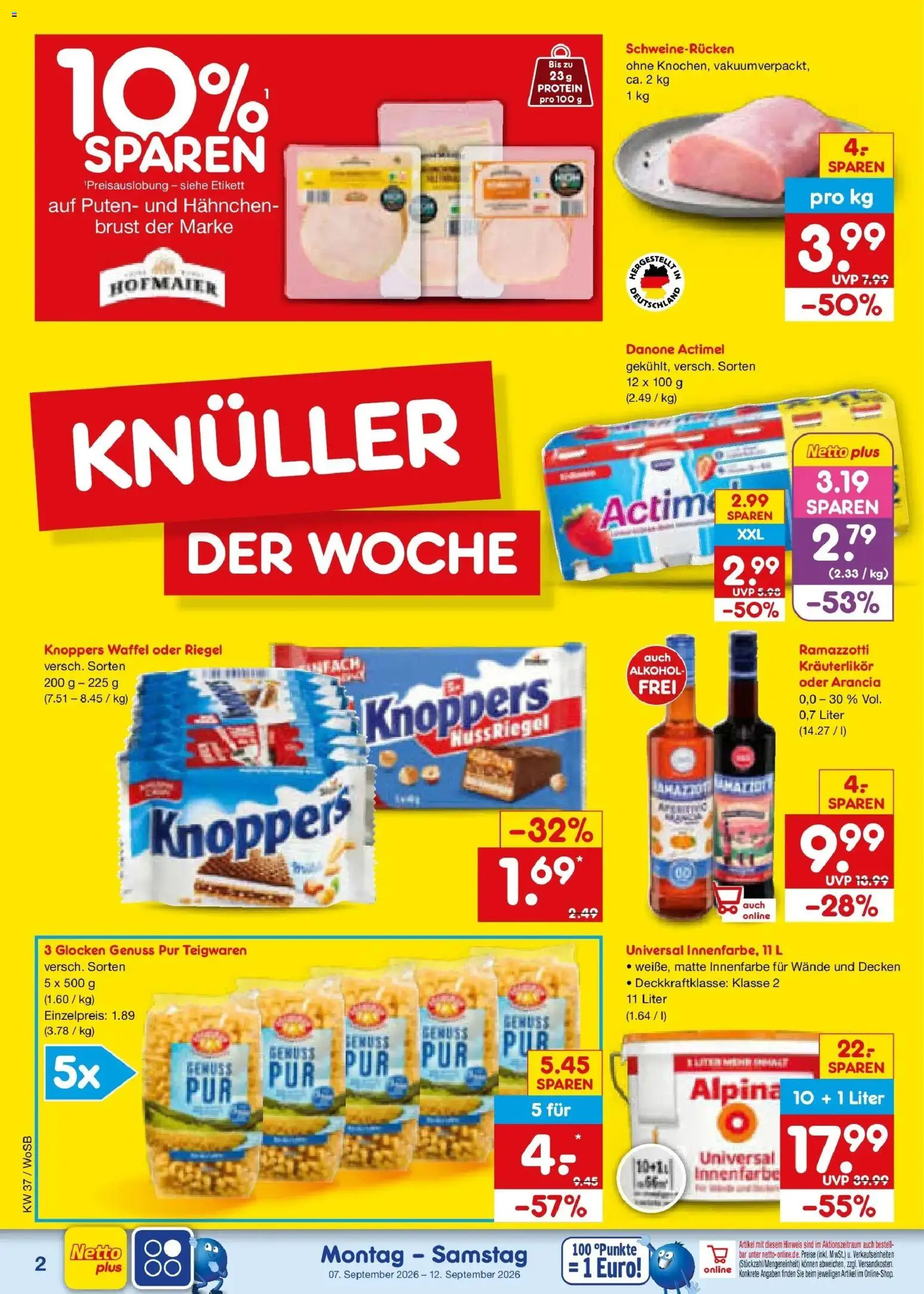 Netto Marken-Discount Prospekt Ludwigshafen-Edigheim – gültig ab 07.09.2026 | Seite: 4 | Produkte: Actimel, Alkohol, Knoppers, Schweinerucken