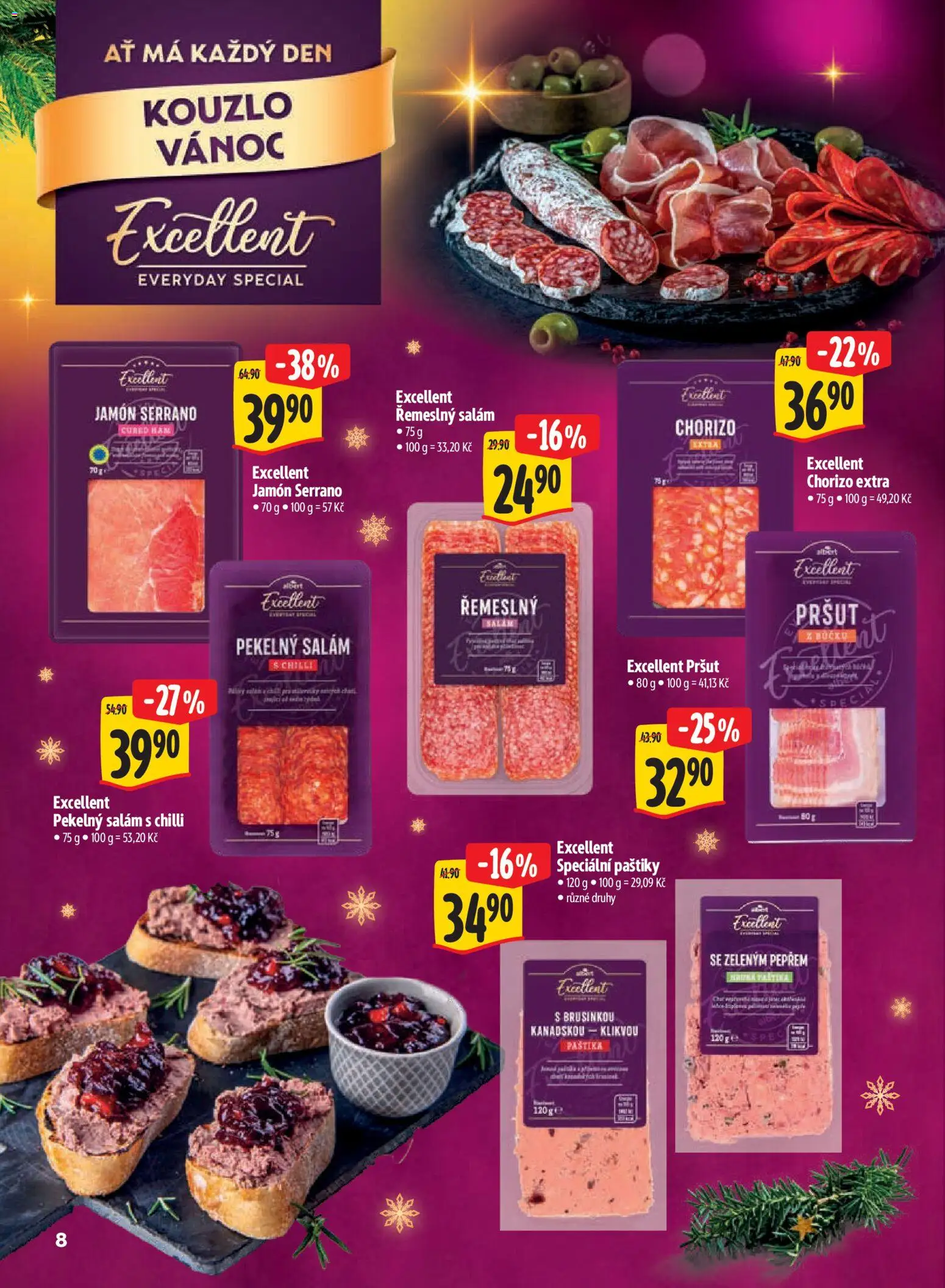 Albert leták - Supermarket Kouzlo Vánoc od 29.10.2026 | Strana: 8 | Produkty: Prosciutto, Jamón Serrano, Jamon, Paštika
