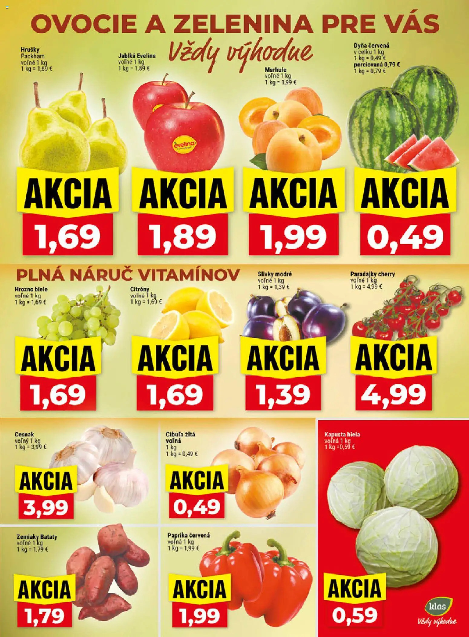 Nové Klas akcie – leták je platný od 24.08.2026 | Strana: 3 | Produkty: Kapusta biela, Cibuľa, Hrušky, Slivky