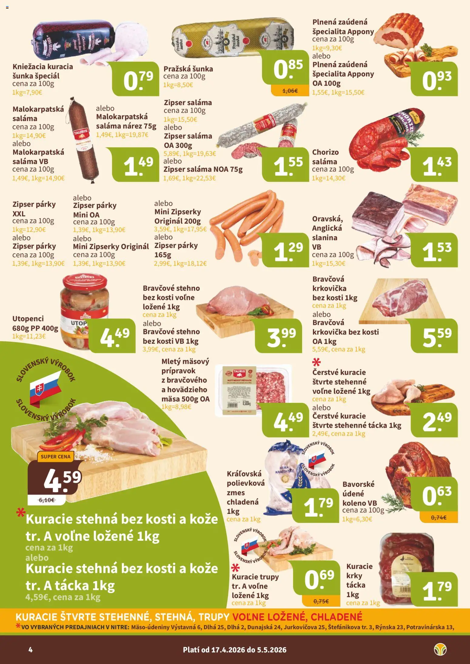 Nové Nitrazdroj akcie – leták je platný od 17.04.2026 | Strana: 4 | Produkty: Slanina, Bravčové stehno, Krkovička, Párky