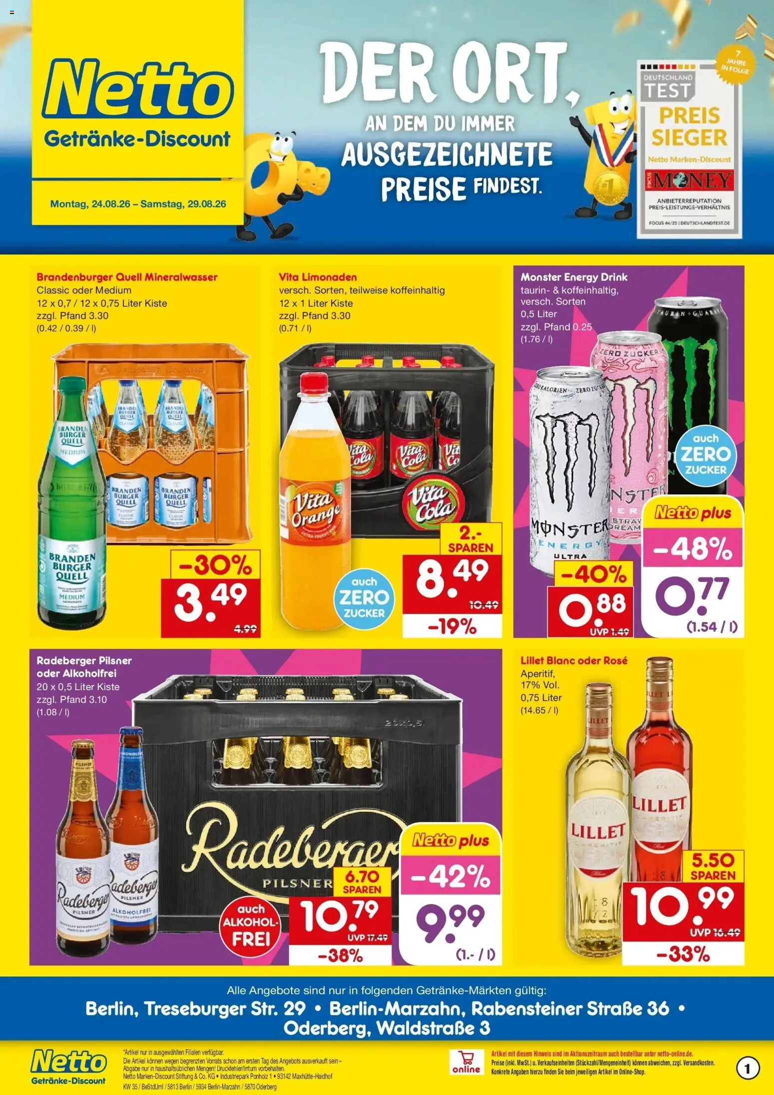 Netto Marken-Discount Prospekt Berlin-Marzahn – gültig ab 24.08.2026 | Seite: 1 | Produkte: Burger, Lillet, Monster, Vita cola