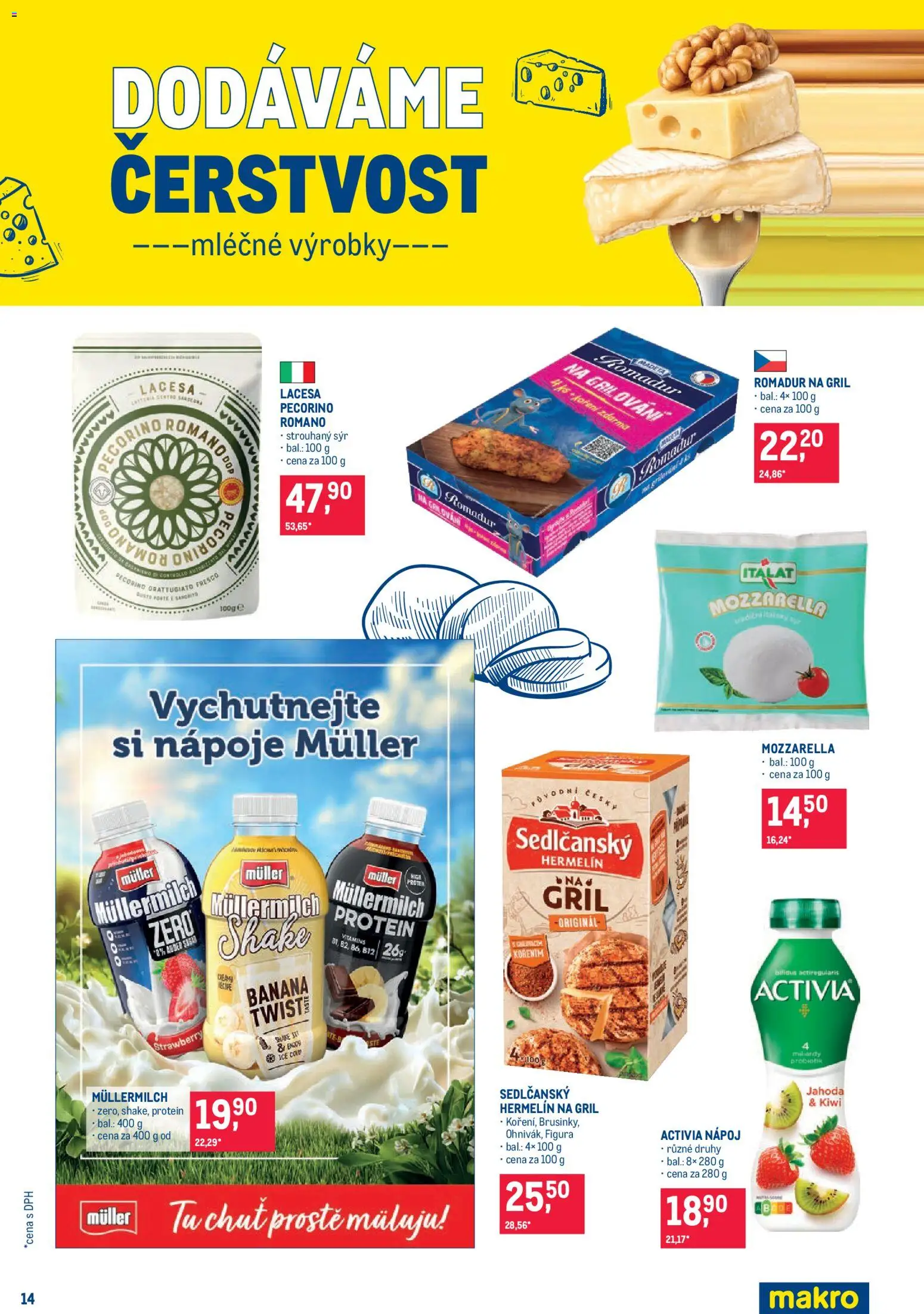 Makro leták - Pro milovníky jídla od 12.08.2026 | Strana: 14 | Produkty: Hermelín na gril, Protein, Strouhaný sýr, Müllermilch