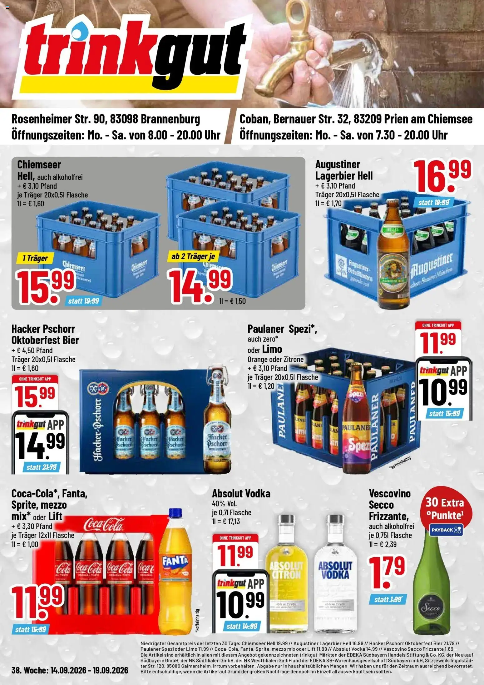 Trinkgut Prospekt Brannenburg (ab 14.09.2026) » Angebote online | Seite: 1 | Produkte: Coca cola, Paulaner spezi, Zitrone, Uhr