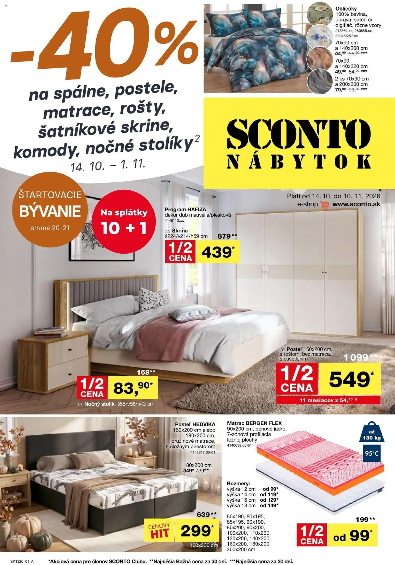 Nové Sconto nábytok akcie – leták je platný od 14.10.2026 | Strana: 1 | Produkty: Nábytok, Matrac, Posteľ, Obliečky