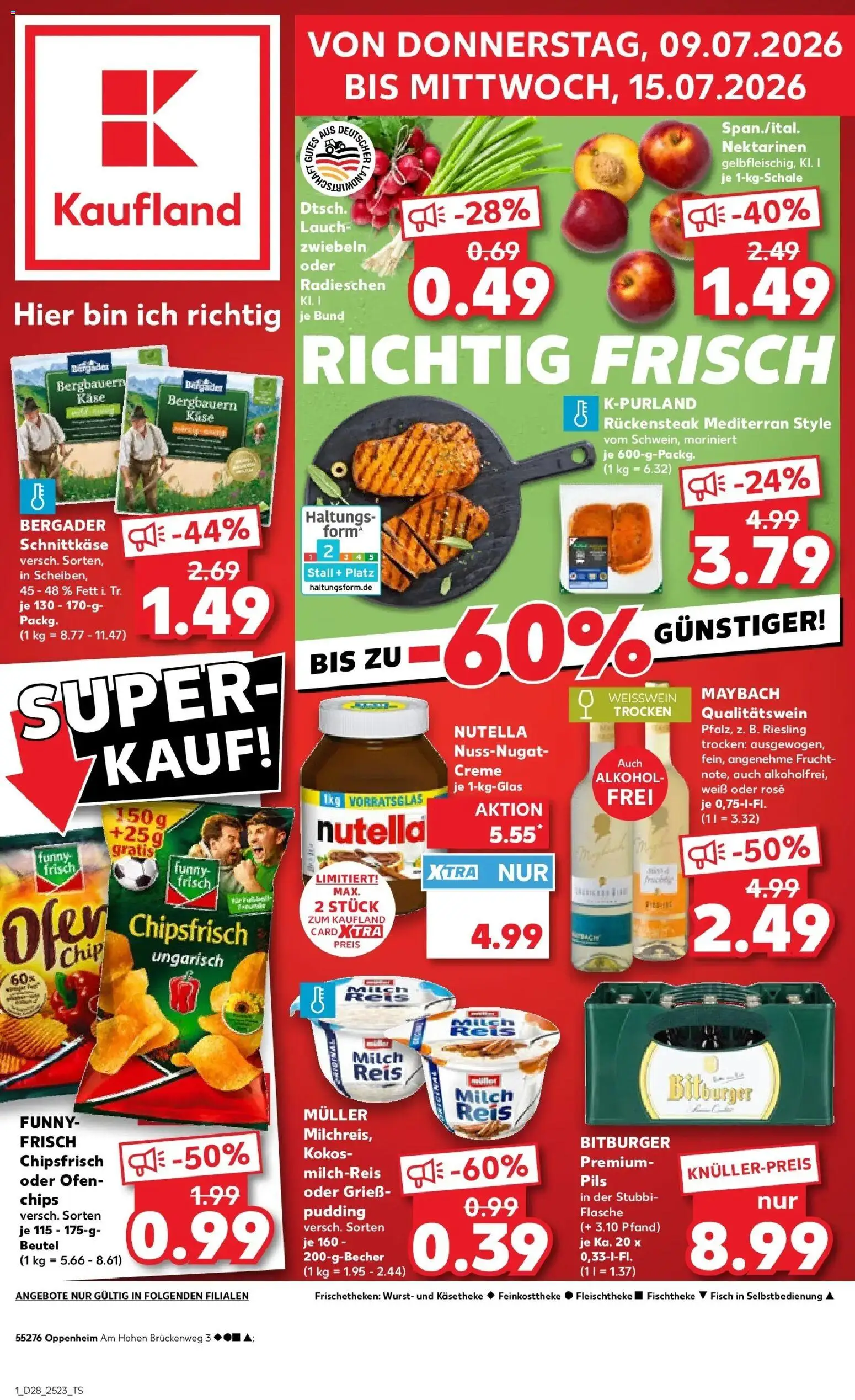 Kaufland Prospekt Oppenheim – gültig ab 09.07.2026 | Seite: 1 | Produkte: Milch, Pils, Creme, Alkohol