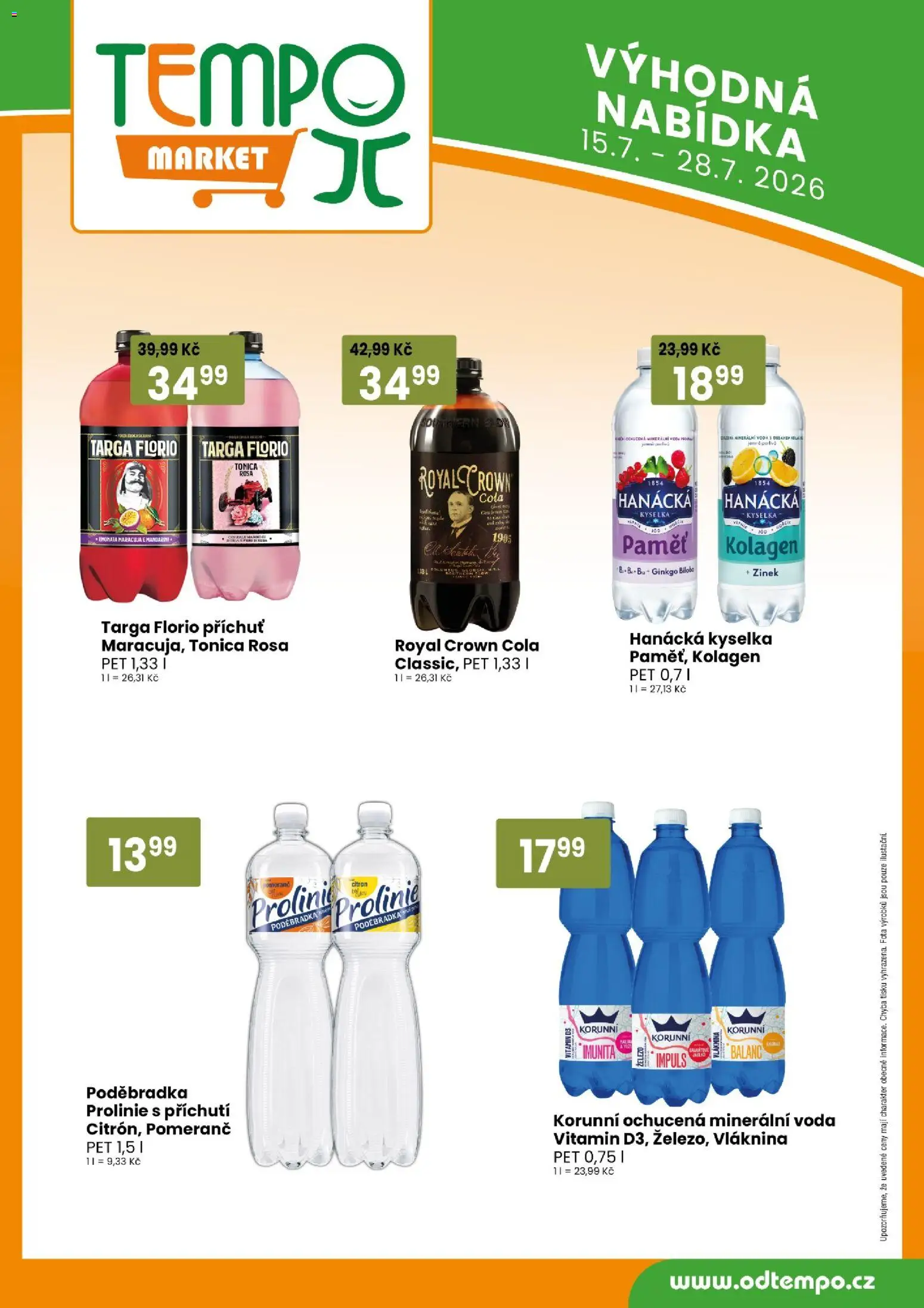 Tempo leták od 15.07.2026 | Strana: 12 | Produkty: Maracuja, Hanácká kyselka, Royal Crown Cola, Prolinie