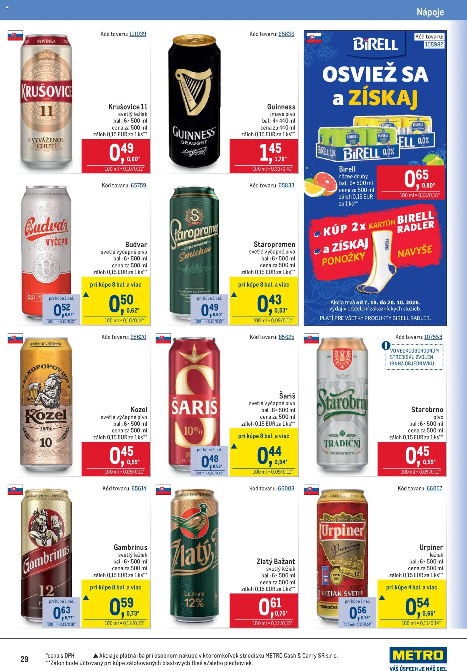 Nové Metro akcie – leták je platný od 07.10.2026 | Strana: 29 | Produkty: Birell, Budvar, Zlatý Bažant, Ponožky