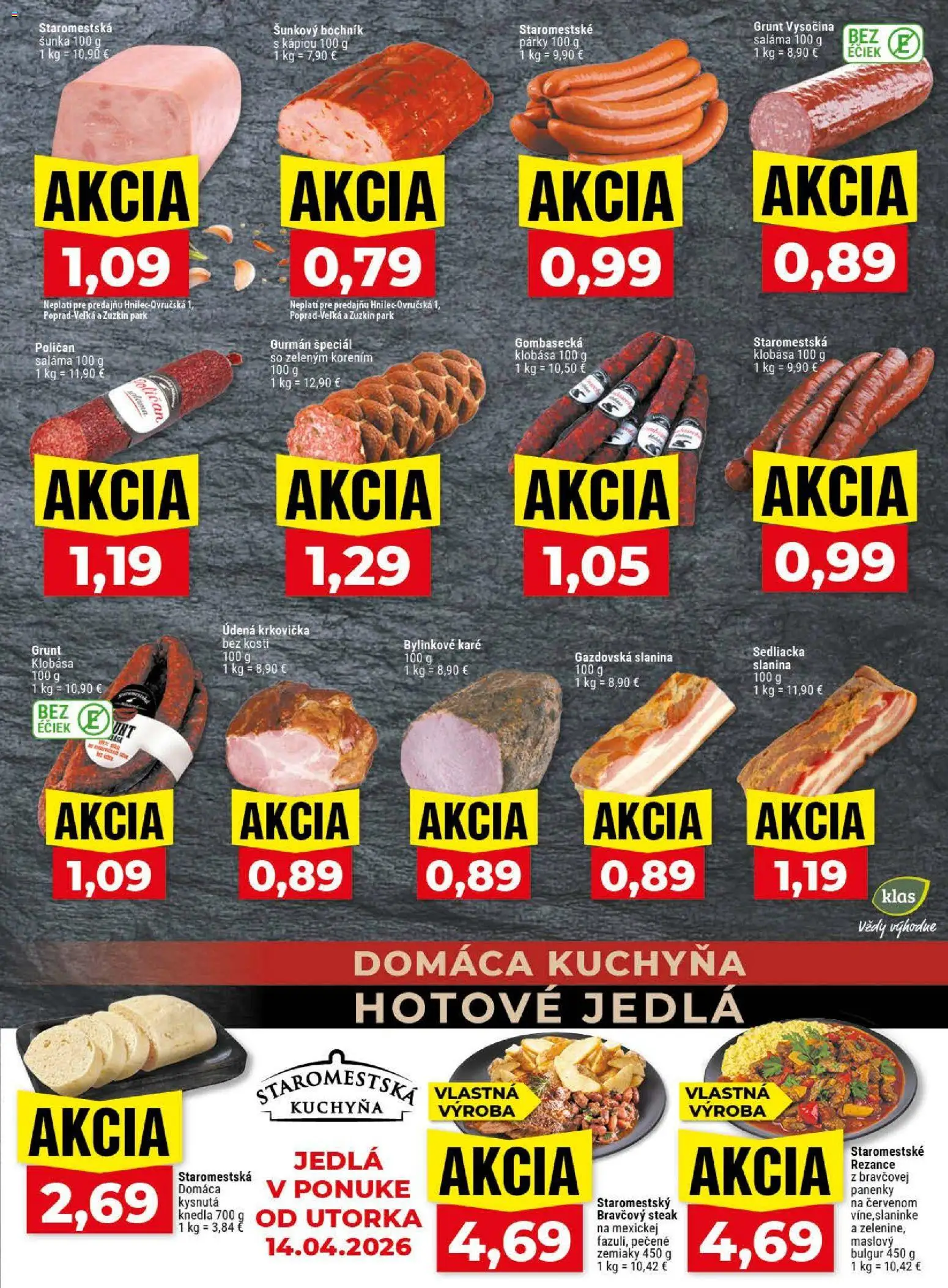 Nové Klas akcie – leták je platný od 13.04.2026 | Strana: 7 | Produkty: Kuchyňa, Saláma, Rezance