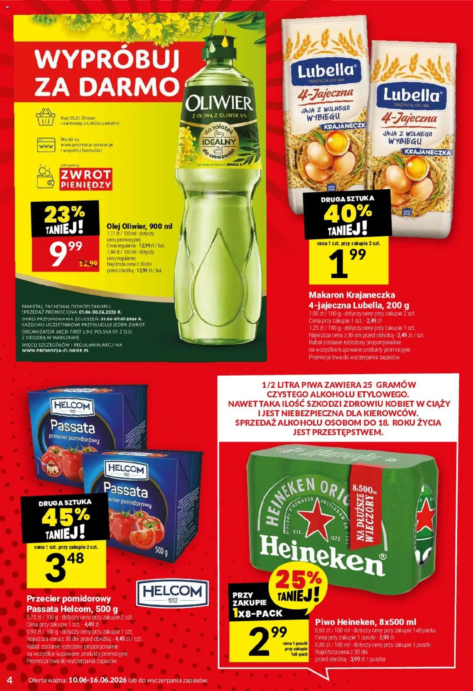 Twój Market gazetka od 10.06.2026 | Strona: 4 | Produkty: Oliwa z oliwek, Piwo, Makaron, Jaja