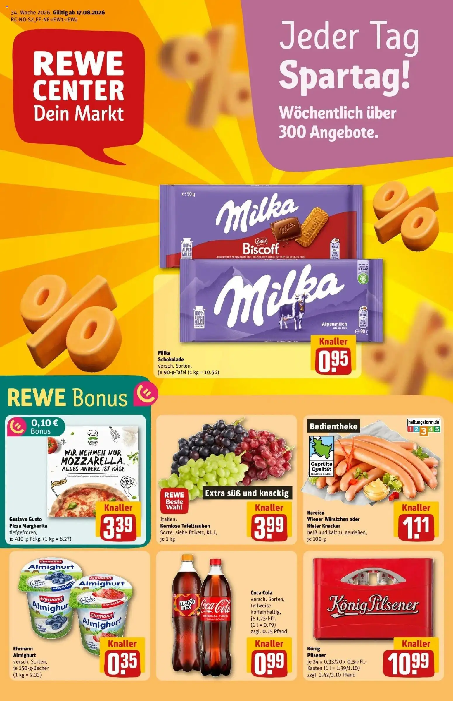 REWE Prospekt ab 17.08.2026 zum Blättern » Angebote | Seite: 1 | Produkte: Gustavo gusto, Wiener wurstchen, Ehrmann almighurt, Käse