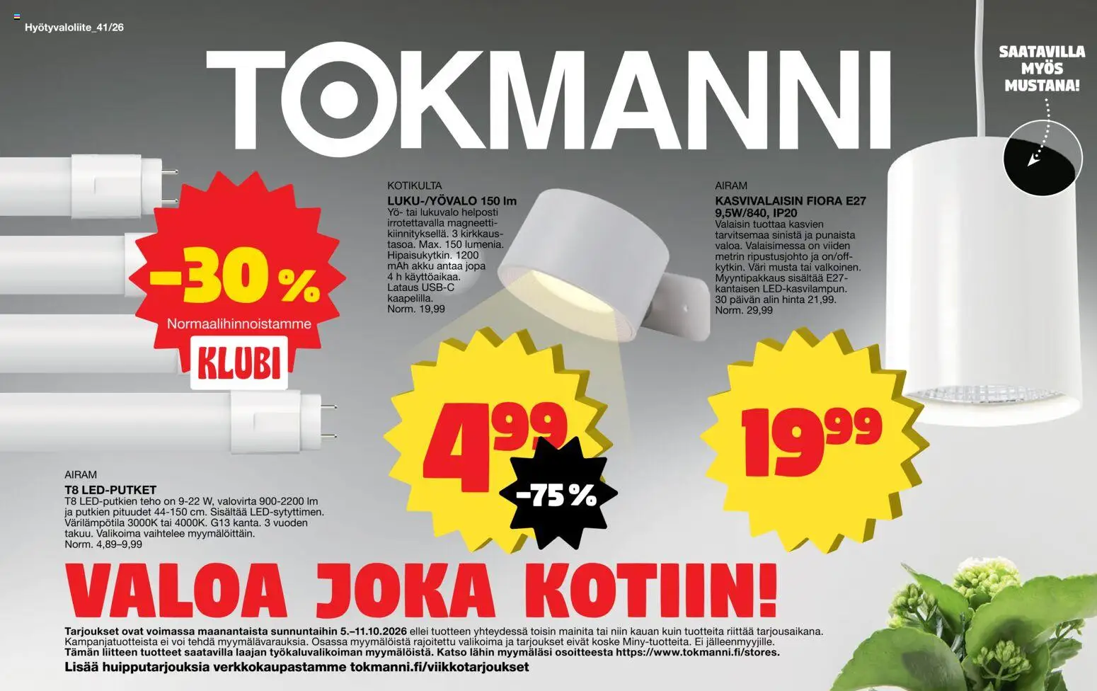 Tokmanni Valoliite – voimassa 05/10/2026 alkaen | Sivu: 1 | Tuotteet: Lukuvalo, Magneetti, Akku, Voi