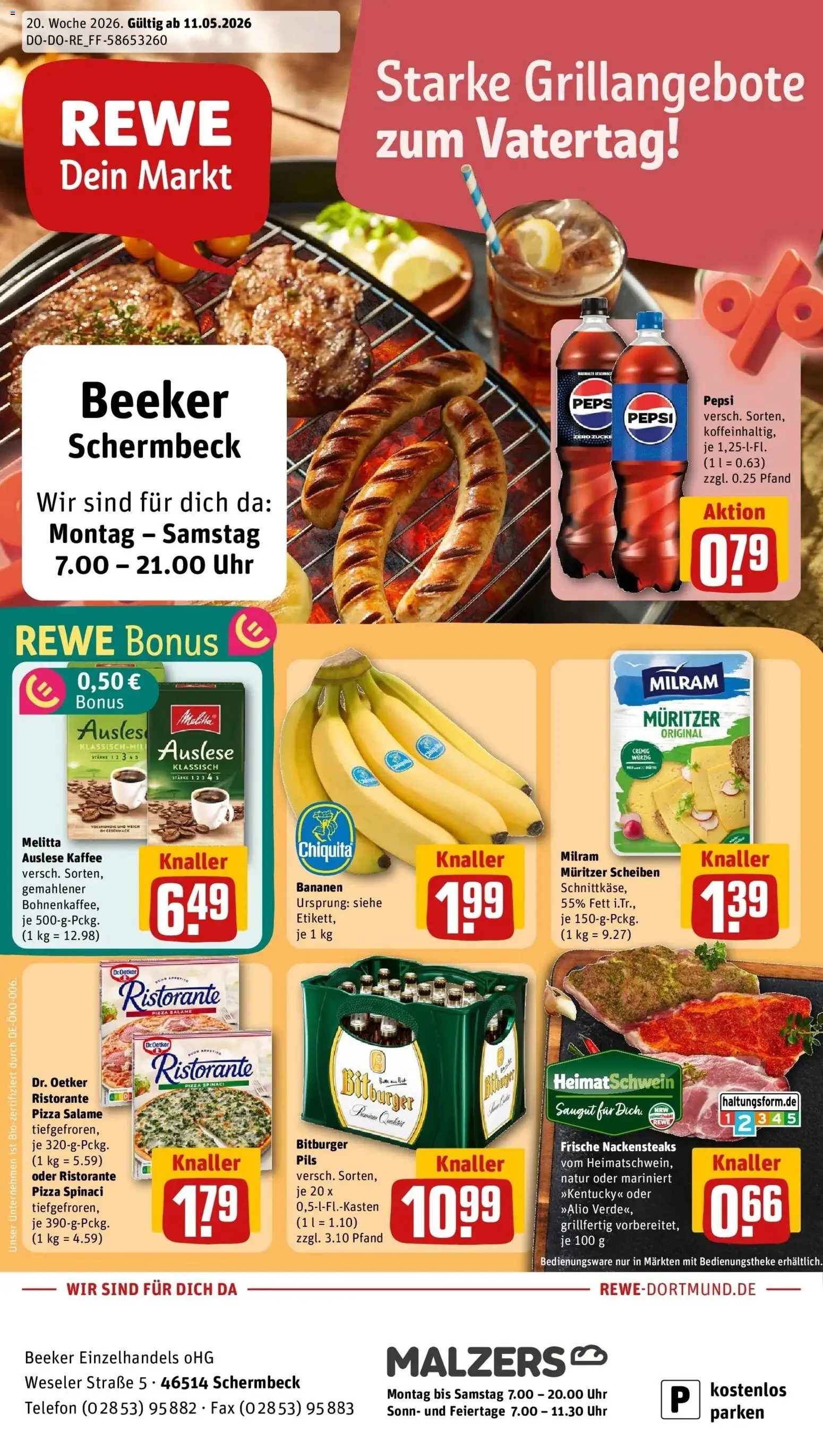 Rewe Prospekt Schermbeck	 – gültig ab 10.05.2026 | Seite: 1 | Produkte: Bitburger, Melitta, Bananen, Telefon