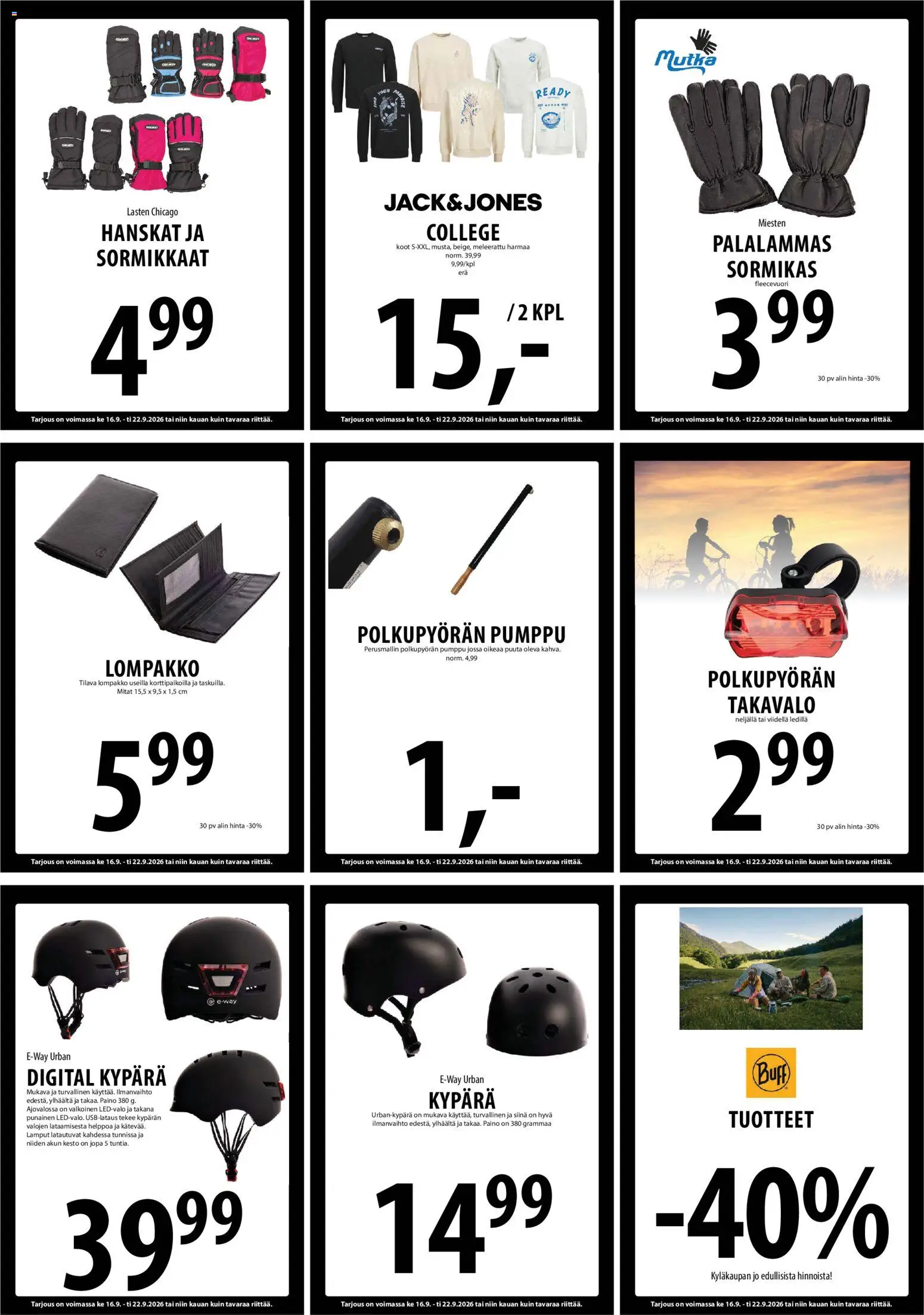 Tuuri tarjoukset – voimassa 16/09/2026 alkaen | Sivu: 22 | Tuotteet: Lompakko, Hanskat, Pumppu