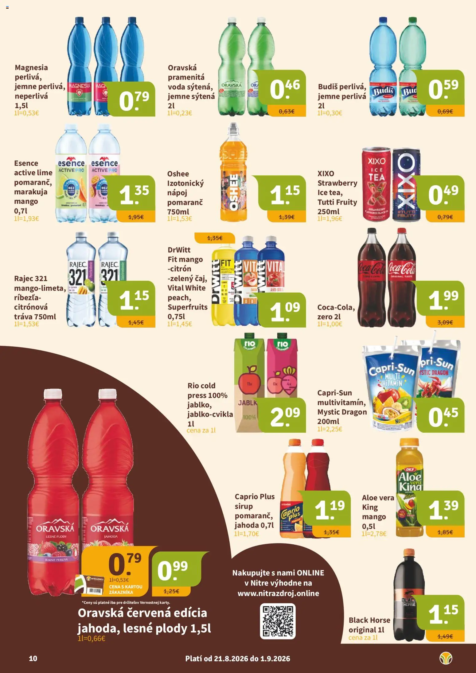 Nové Nitrazdroj akcie – leták je platný od 21.08.2026 | Strana: 10 | Produkty: Sirup, Voda, Coca cola, Lesné plody