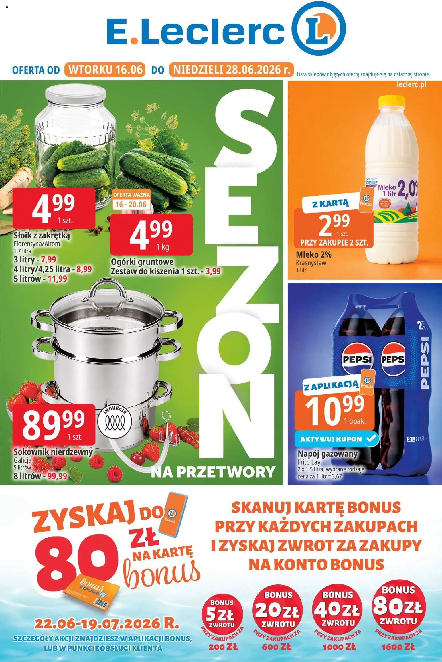 E.Leclerc gazetka - Radom od 16.06.2026 | Strona: 1 | Produkty: Mleko, Ogórki, Ogórki gruntowe, Sokownik