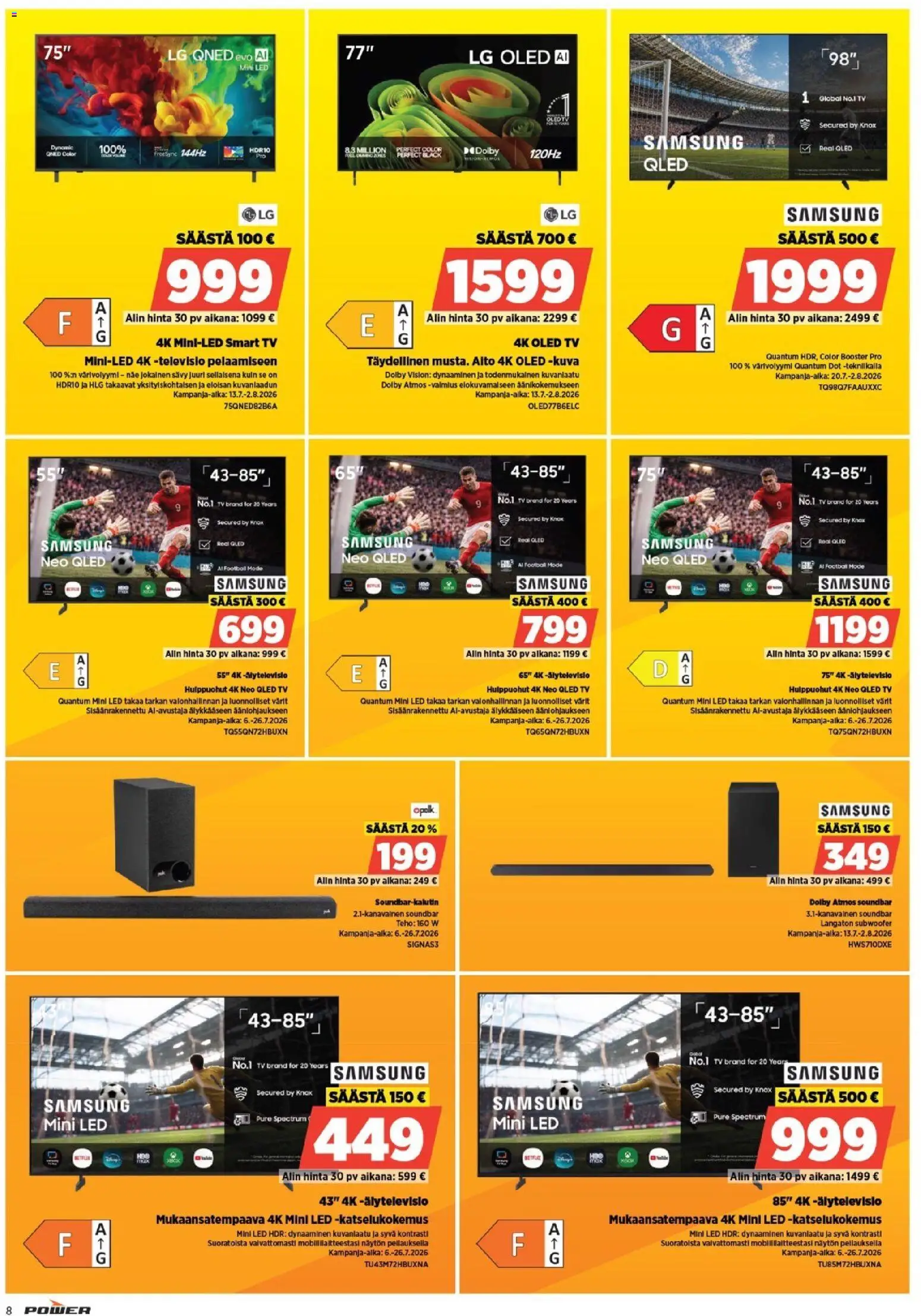 Power tarjoukset – voimassa 20/07/2026 alkaen | Sivu: 8 | Tuotteet: Älytelevisio, Soundbar, TV, Televisio