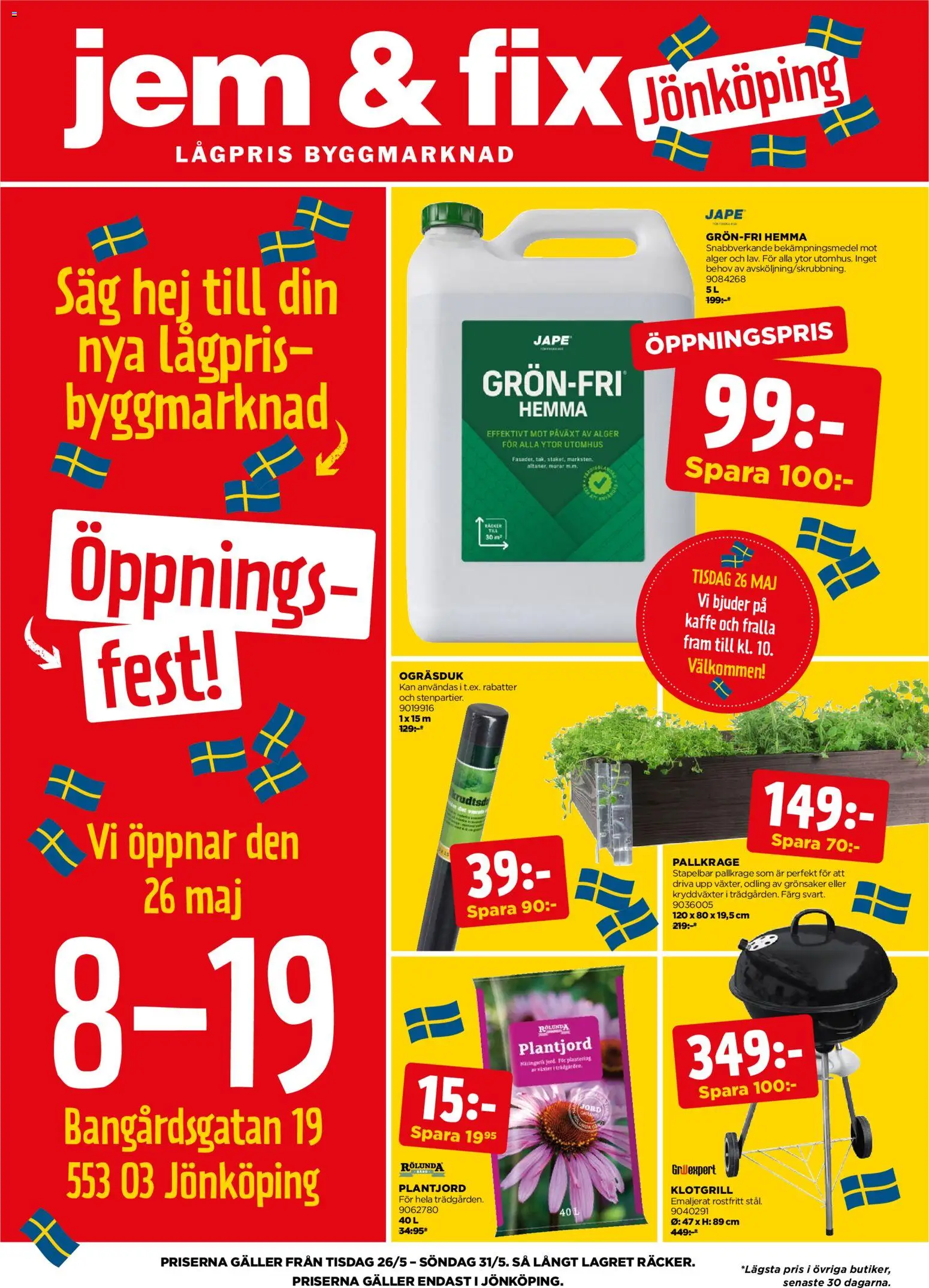 Jem & Fix reklamblad aktuell från 26.05.2026 | Sida: 1 | Produkter: Jord, Såg, Galler, Kaffe