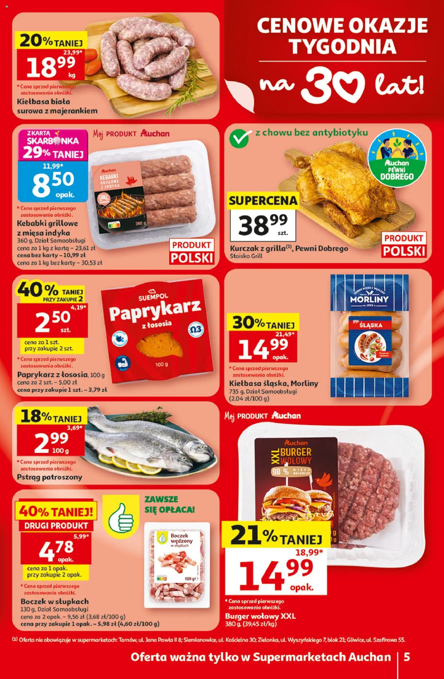 Auchan gazetka od 18.06.2026 | Strona: 5 | Produkty: Kiełbasa, Burger wołowy, Paprykarz, Boczek