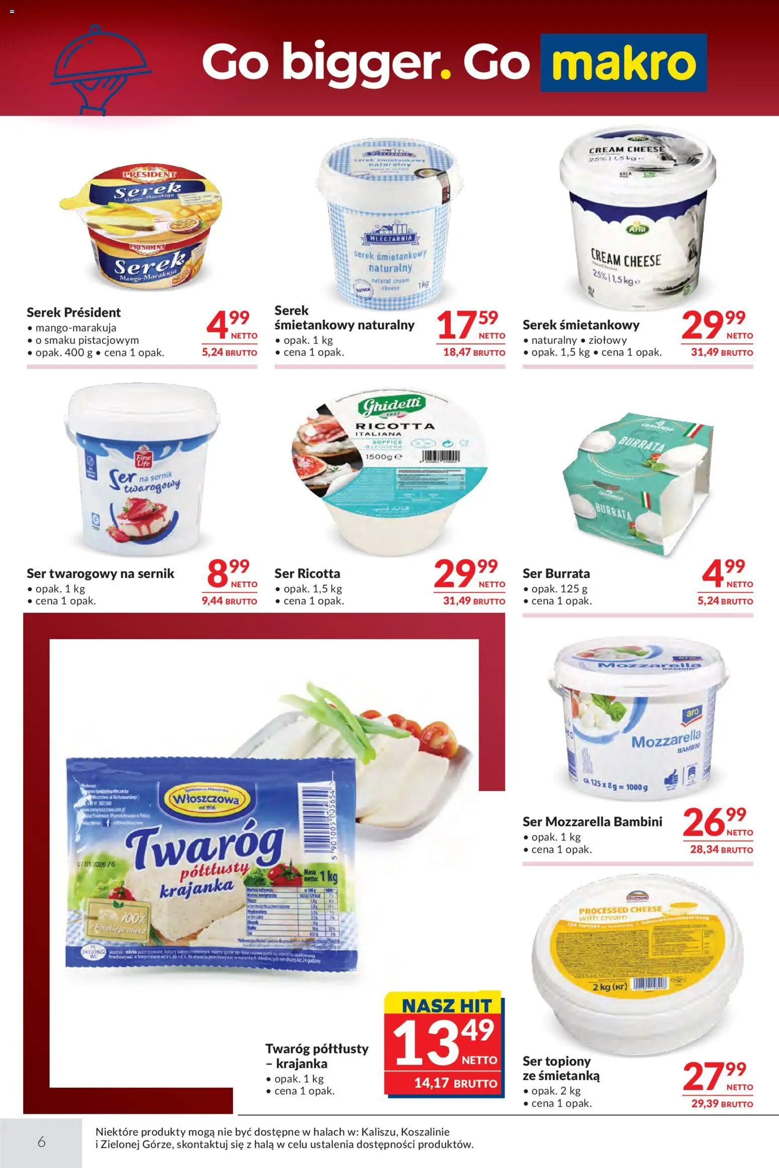 Makro gazetka - Oferta dla gastronomii od 07.07.2026 | Strona: 6 | Produkty: Serek president, Mozzarella, Twaróg, Ser ricotta