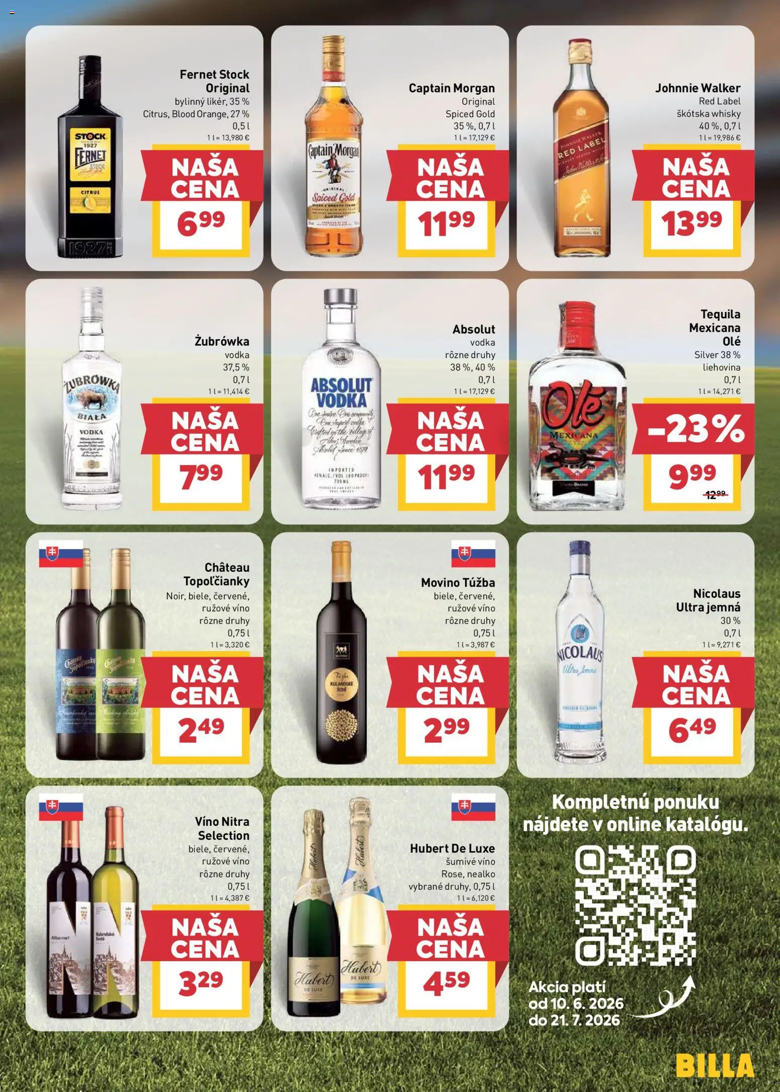 Nové Billa akcie – leták je platný od 10.06.2026 | Strana: 23 | Produkty: Víno, Fernet, Tequila, Hubert de Luxe