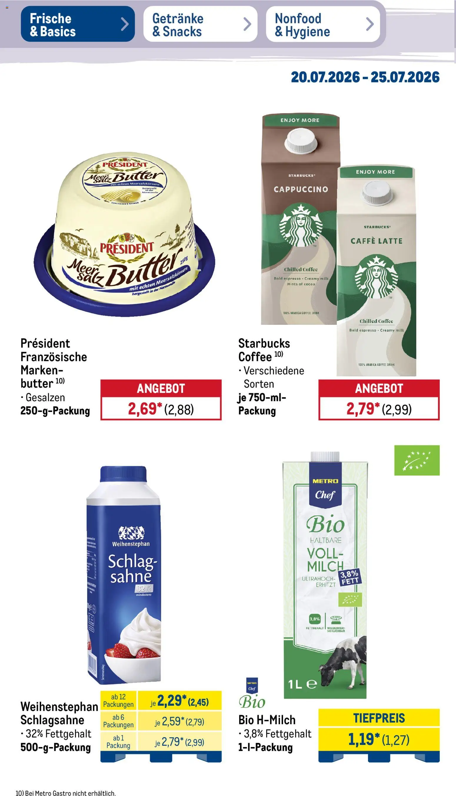 Metro NonFood-Angebote – gültig ab 20.07.2026 | Seite: 45 | Produkte: Schlagsahne, Milch, Butter, Sahne