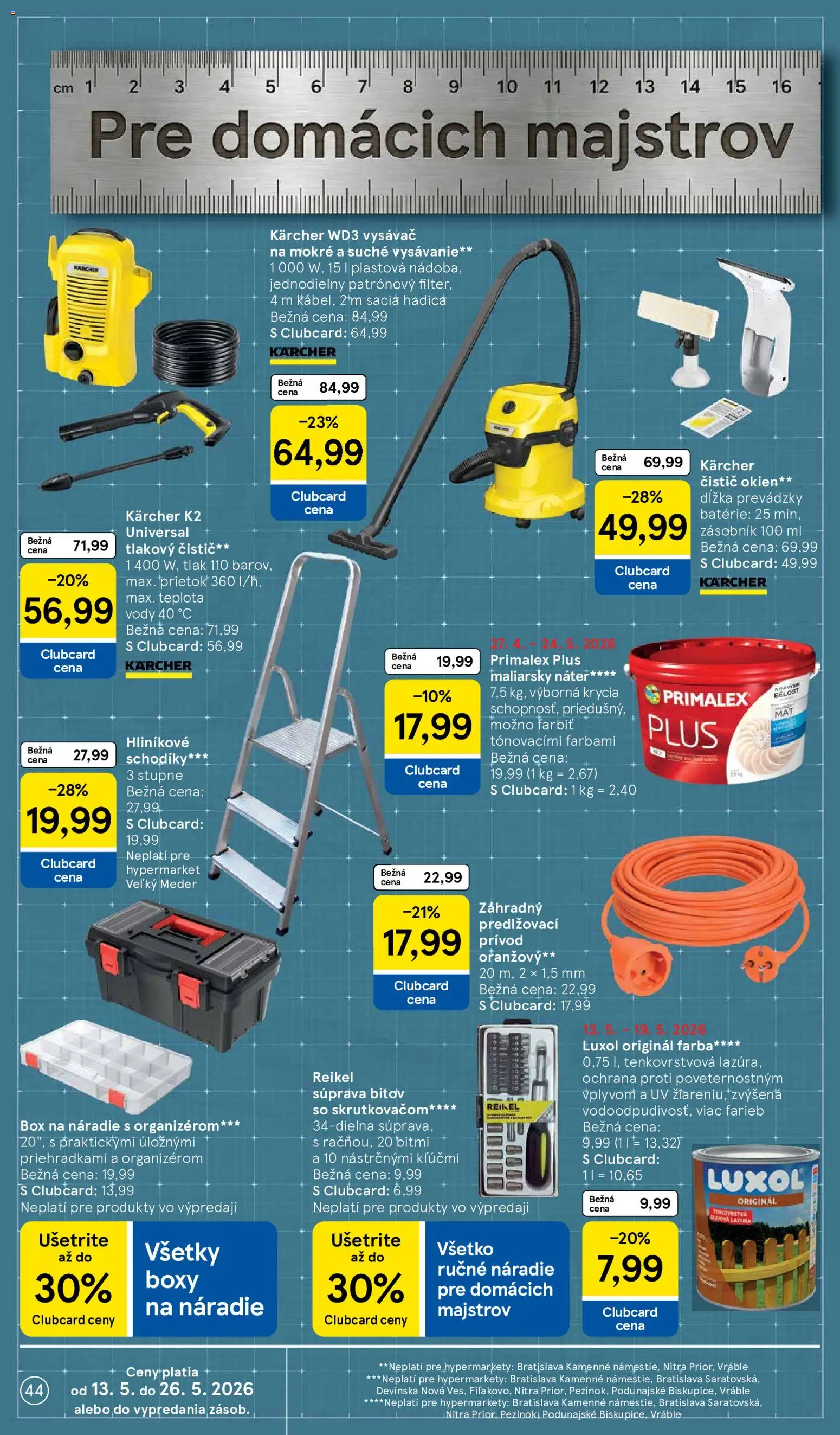 Nové Tesco akcie – leták je platný od 13.05.2026 | Strana: 44 | Produkty: Vysávač karcher, Náradie, Čistič okien, Tlakový čistič