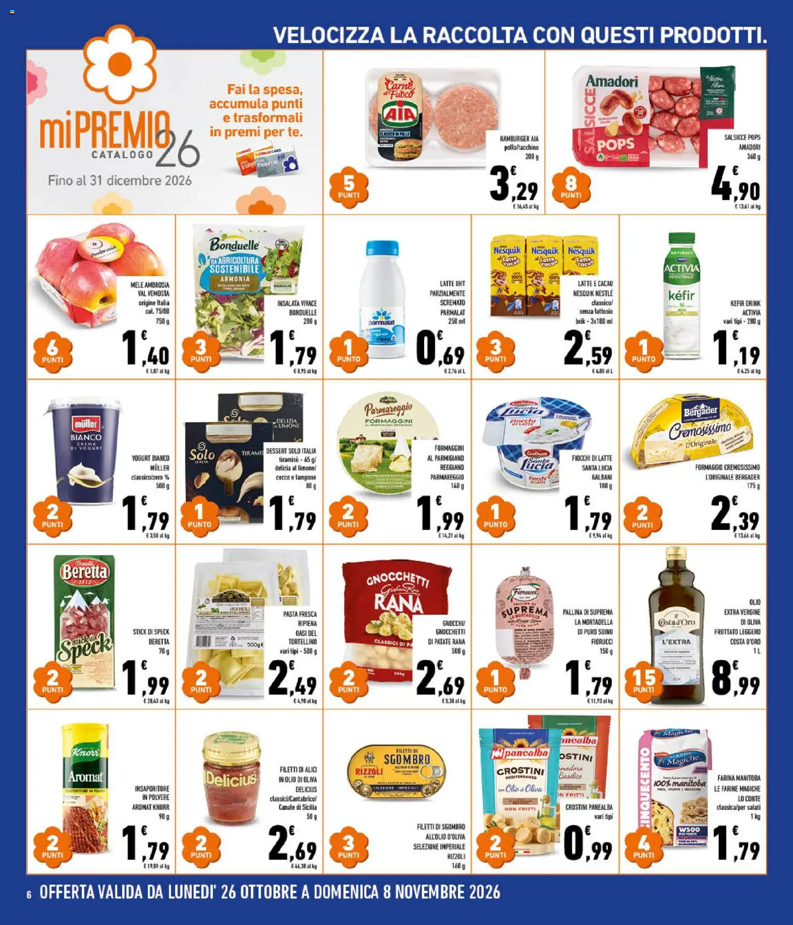 Volantino Conad del 28/10/2026 | Pagina: 6 | Prodotti: Latte, Olio extra vergine, Gnocchi, Hamburger