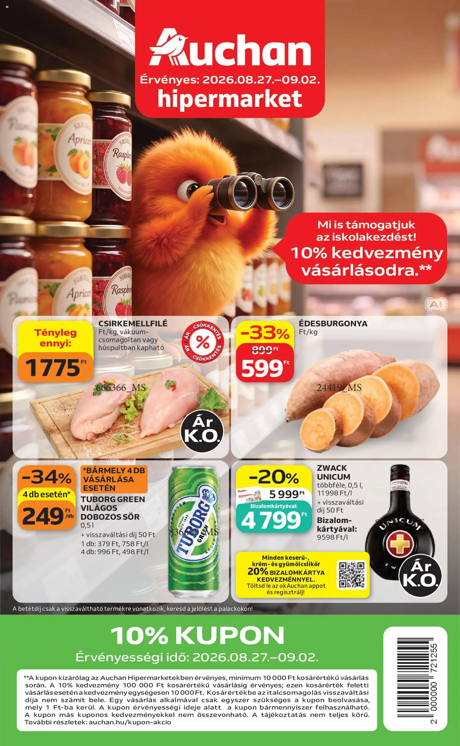 Auchan akciós ujság - amely érvényes a következő dátumtól: 2026.08.27. | Oldal: 1 | Termékek: Krém, Unicum, Sör, Csirkemellfilé