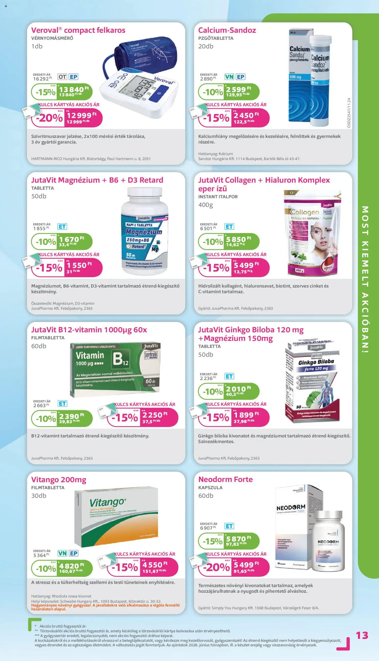 Kulcs Patika akciós ujság - amely érvényes a következő dátumtól: 01.06.2026 | Oldal: 13 | Termékek: Vérnyomásmérő, Ginkgo biloba, Eper, Italpor
