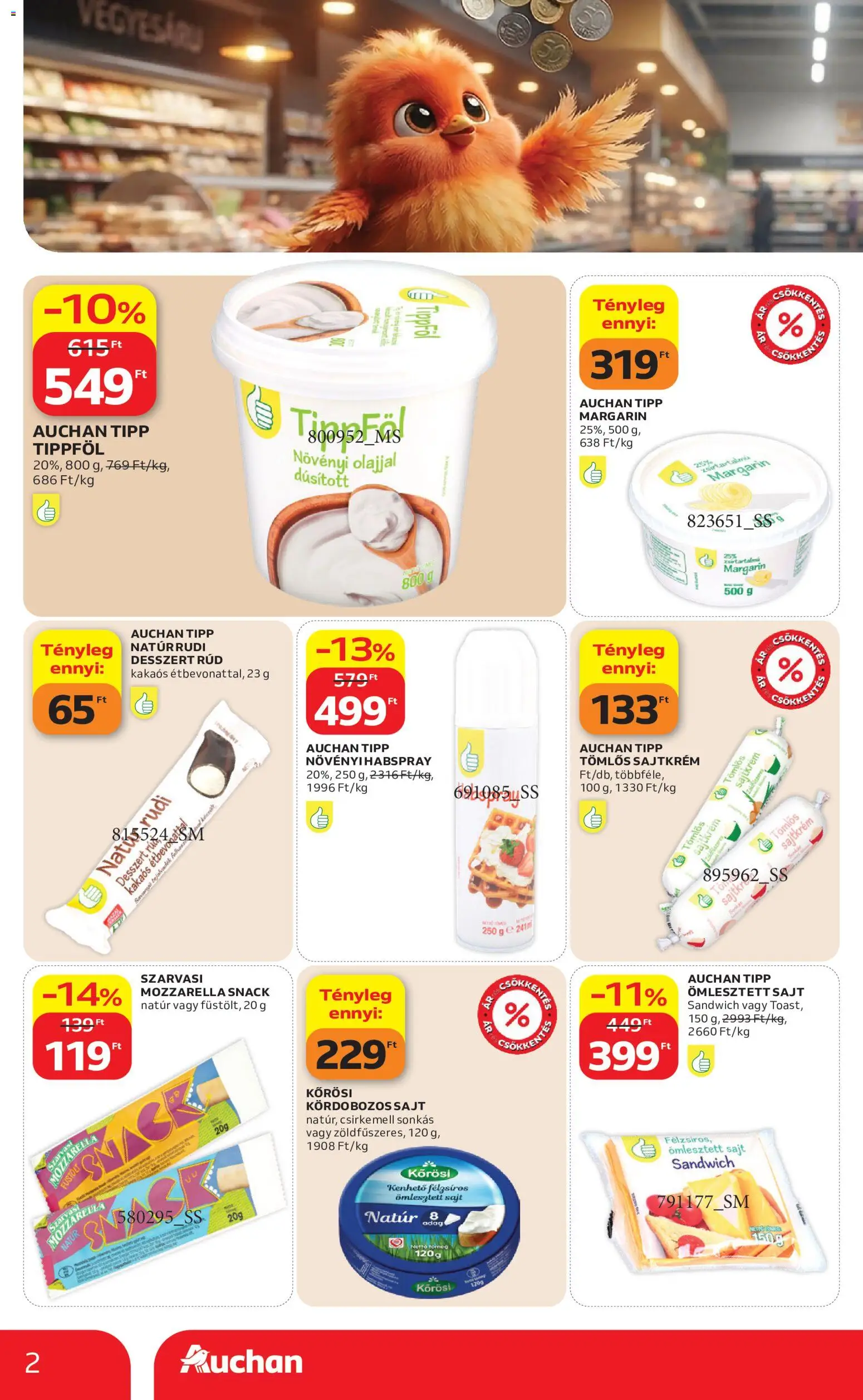 Auchan akciós ujság - amely érvényes a következő dátumtól: 2026.10.29. | Oldal: 2 | Termékek: Mozzarella, Szarvasi, Sajt, Csirkemell