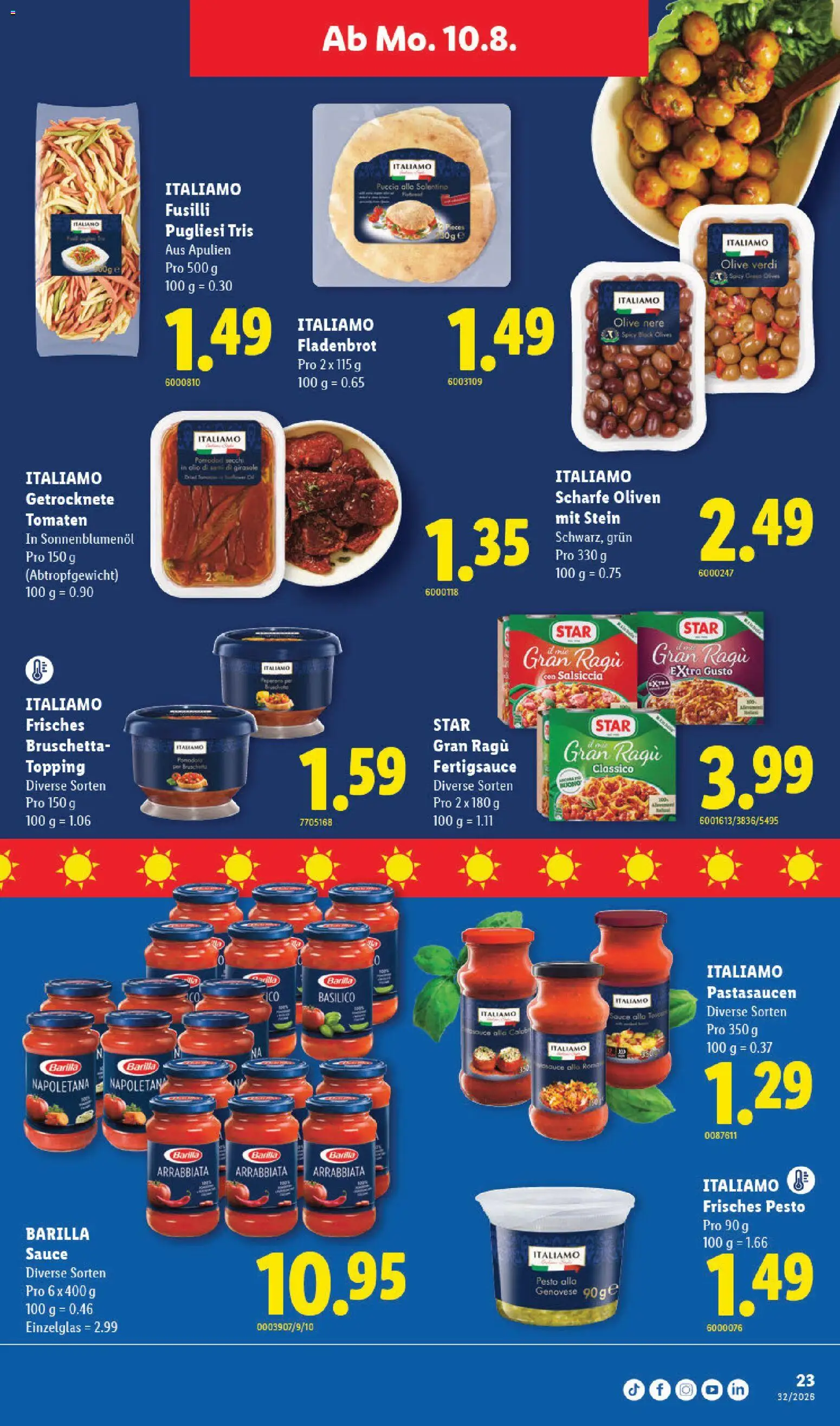 Lidl aktionen – gültig ab 06.08.2026 | Seite: 23 | Produkte: Barilla, Getrocknete Tomaten, Tomaten, Pasta