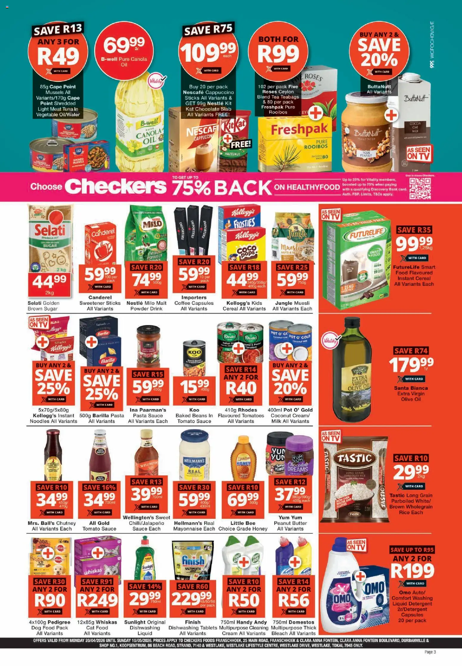 New Checkers catalogue – valid from 20.04.2026 | Page: 3 | Products: Beans, Noodles, Cream, Cat food